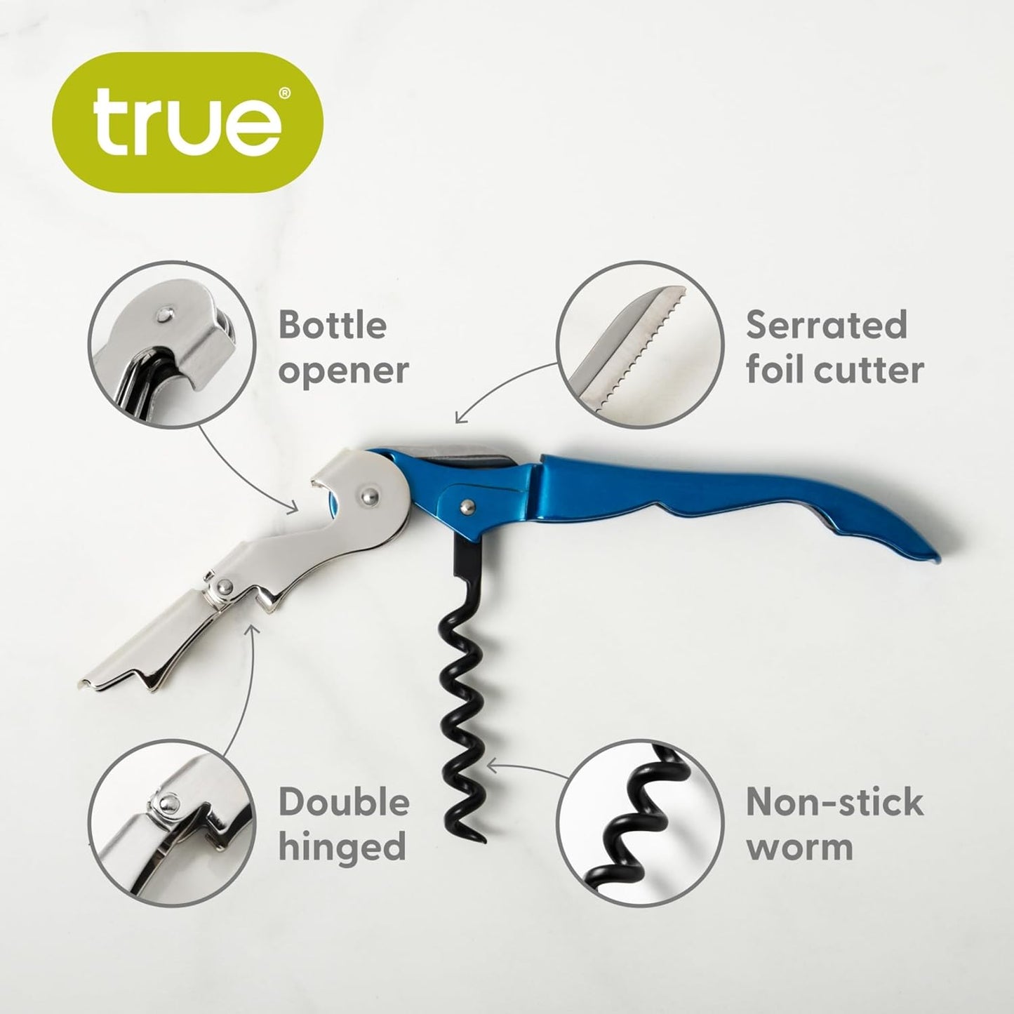 True Brands TrueTap Double Hinged Waiters Corkscrew, Top-notch Stainless Steel Opener with Foil Cutter Built to Last Wine Key Metallic Blue, Set of 1