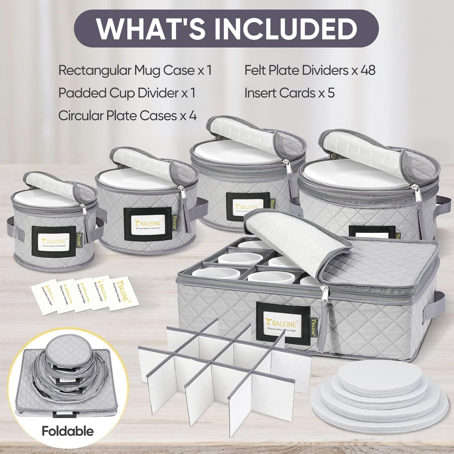 BALEINE China Storage Containers, Sturdy Quilted Wine Glass Storage, Plate Organizer with Carry Handles, Moving Boxes for Dishes, Cups, Mugs and Stemware (Plate Mug Combo, Soft Shell Grey)