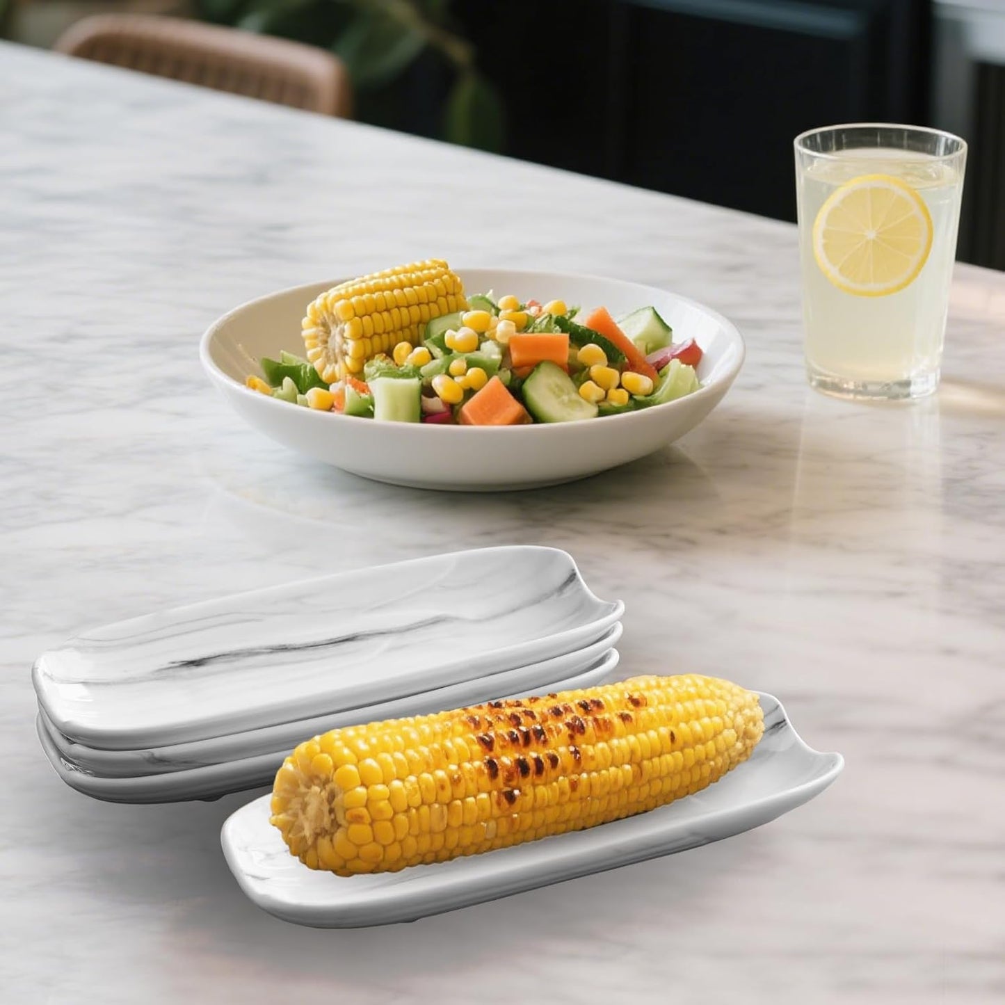 Cinf Ceramic Corn Cob Holders 8.8" Corn Dishes Set of 4 Trays Non-slip Bottom Microwave Dishwasher Oven Safe (Marble Pattern)