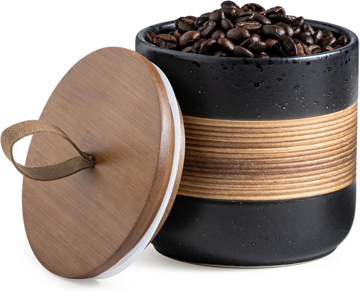 Ceramic Jar with Lid, Coffee Container Kitchen Food Storage Jars for Spice Sugar Tea Bag, Stackable Decorative Jars for Countertop, Black & 18 fl.oz