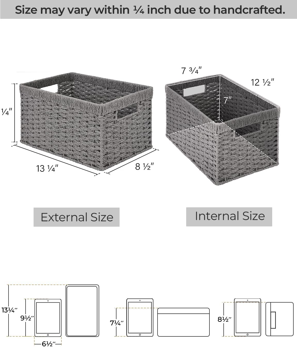 StorageWorks Round Paper Rope Storage Baskets, Rectangular Wicker Baskets with Built-in Handles, Gray, 2-Pack