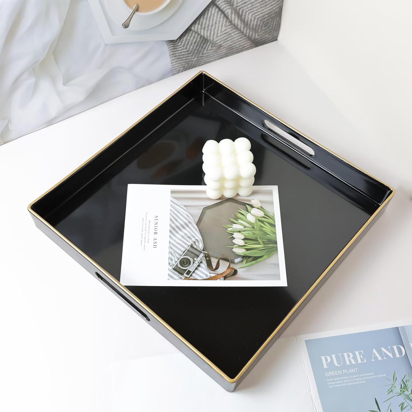 Spsyrine Black Decorative Tray for Living Room, Square Modern Plastic Coffee Serving Table Tray for Ottoman Bathroom Kitchen, 13"*13"