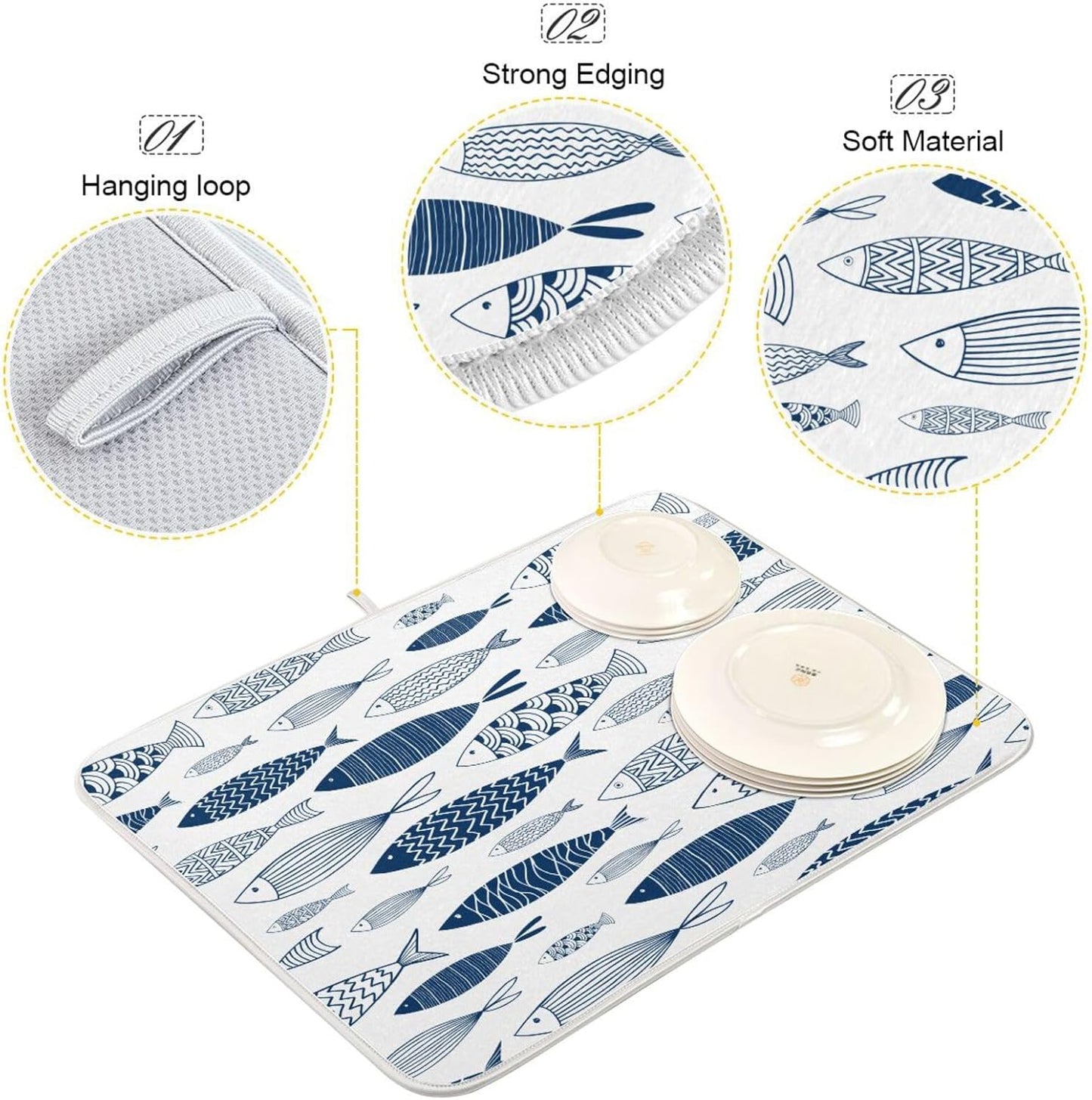 Cartoon Fish Dish Drying Mat for Kitchen Counter Absorbent Microfiber Drying Pad, Medium 16x18 in, Reversible Drainer Mats