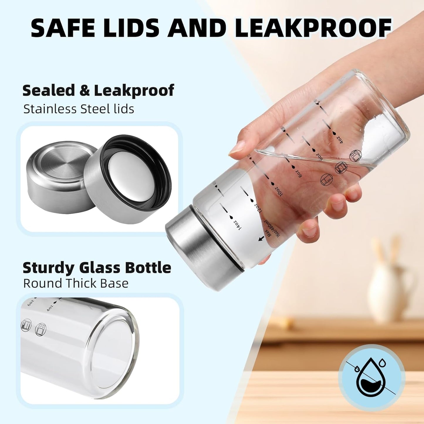 Glass Juice Bottles 6 Pack 16 oz - Wide Mouth Glass Water Bottles with Lids - Borosilicate,Stainless Steel Lids for Juicing, Smoothies, Infused Water, Beverage Storage, Leakproof, Reusable, BPA Free