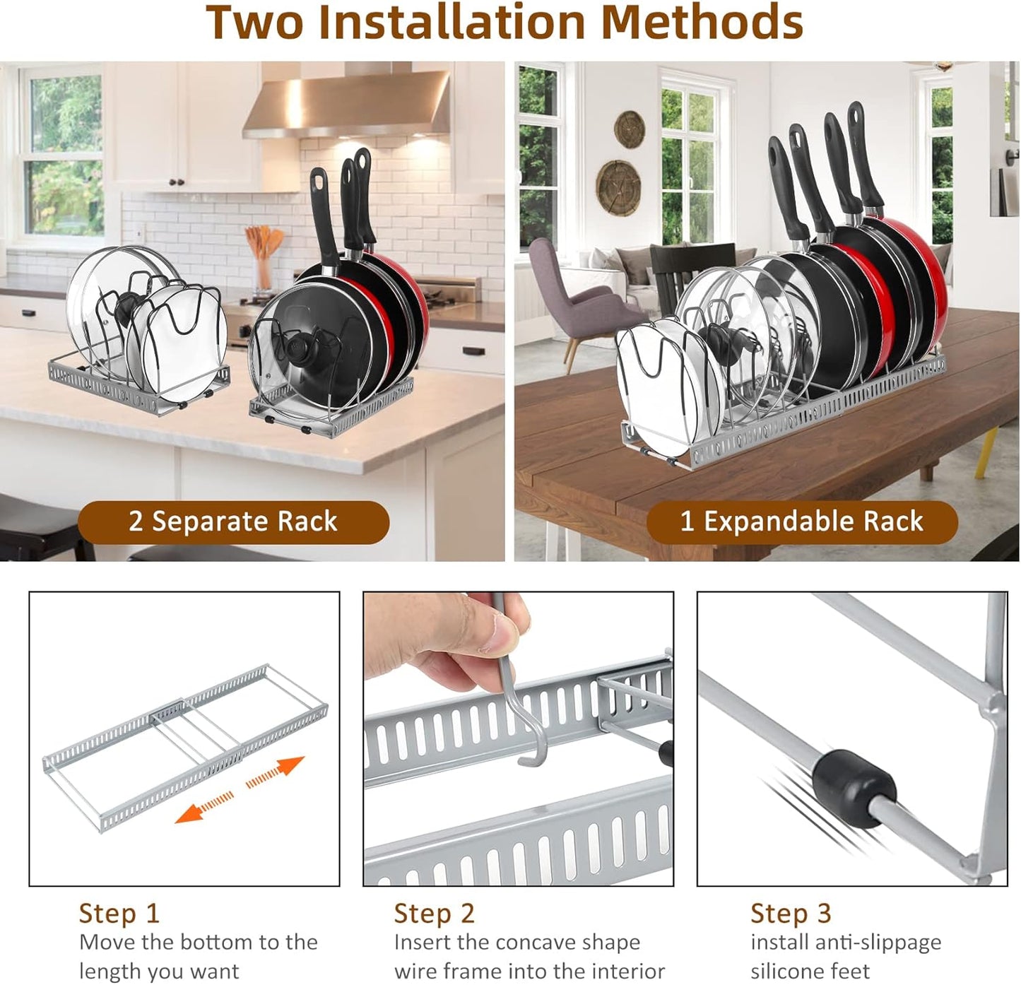 Expandable Pot & Pan Organizer - Grey Cabinet Rack with 10 Adjustable Compartments for Cookware, Baking & Frying Pans