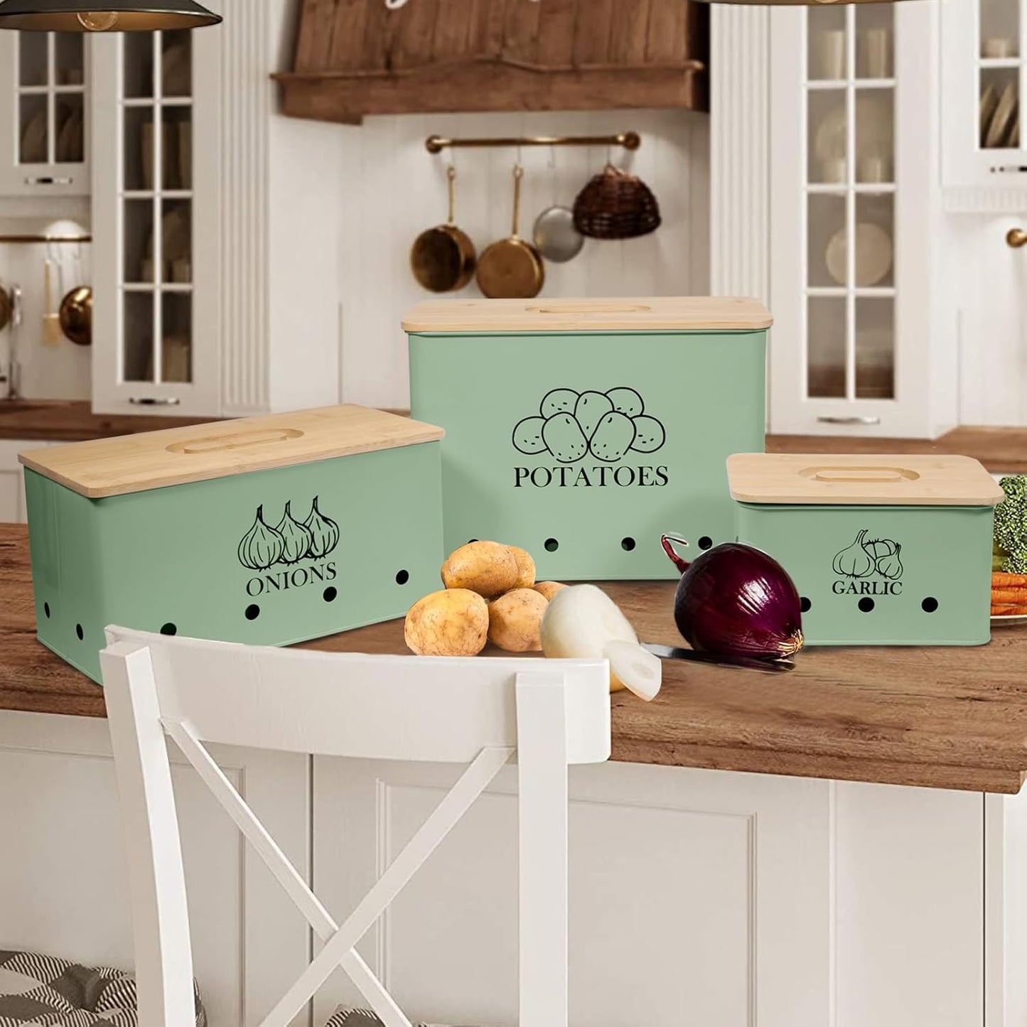 Kitchen Vegetable Storage Tins Set of 3 for Potato Onion & Garlic with Wooden Lid, Kitchen Storage Canisters Set, Long Shelf Life - Green