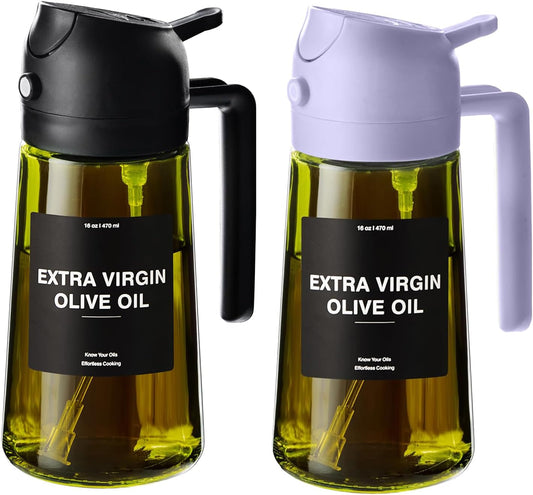 CXINYI - 16oz/470ml Olive Oil Dispenser for Kitchen with Stickers - 2 in 1 Olive Oil Sprayer for Cooking, Air Fryer, and Salad, Black&Purple (Light-Proof Kitchen Gadget)