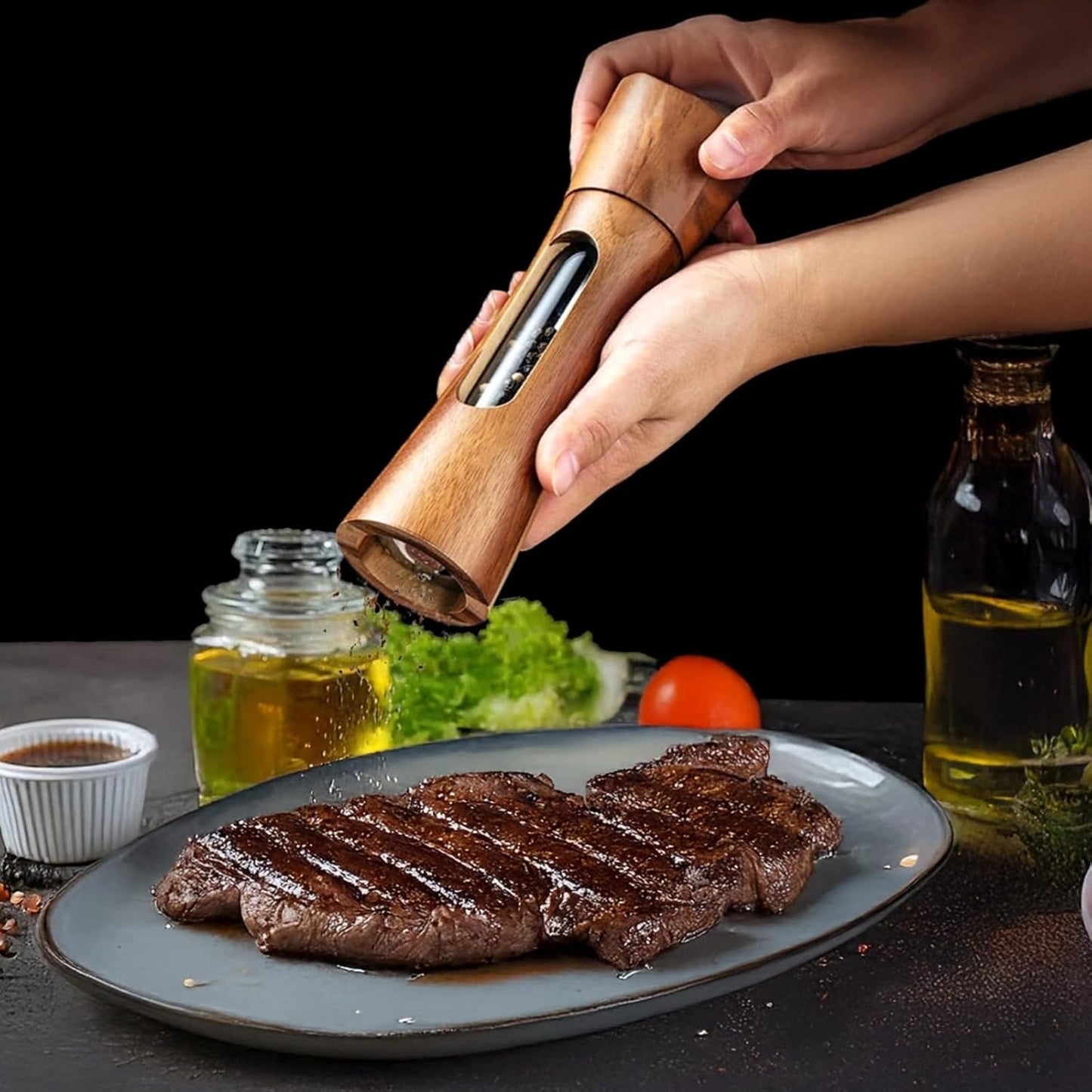 Wooden Pepper and Salt Grinder Set, 2 Pcs Adjustable Ceramic Mills with Wooden Base Includes Transparent Windows, Perfect for Spices and Seasoning