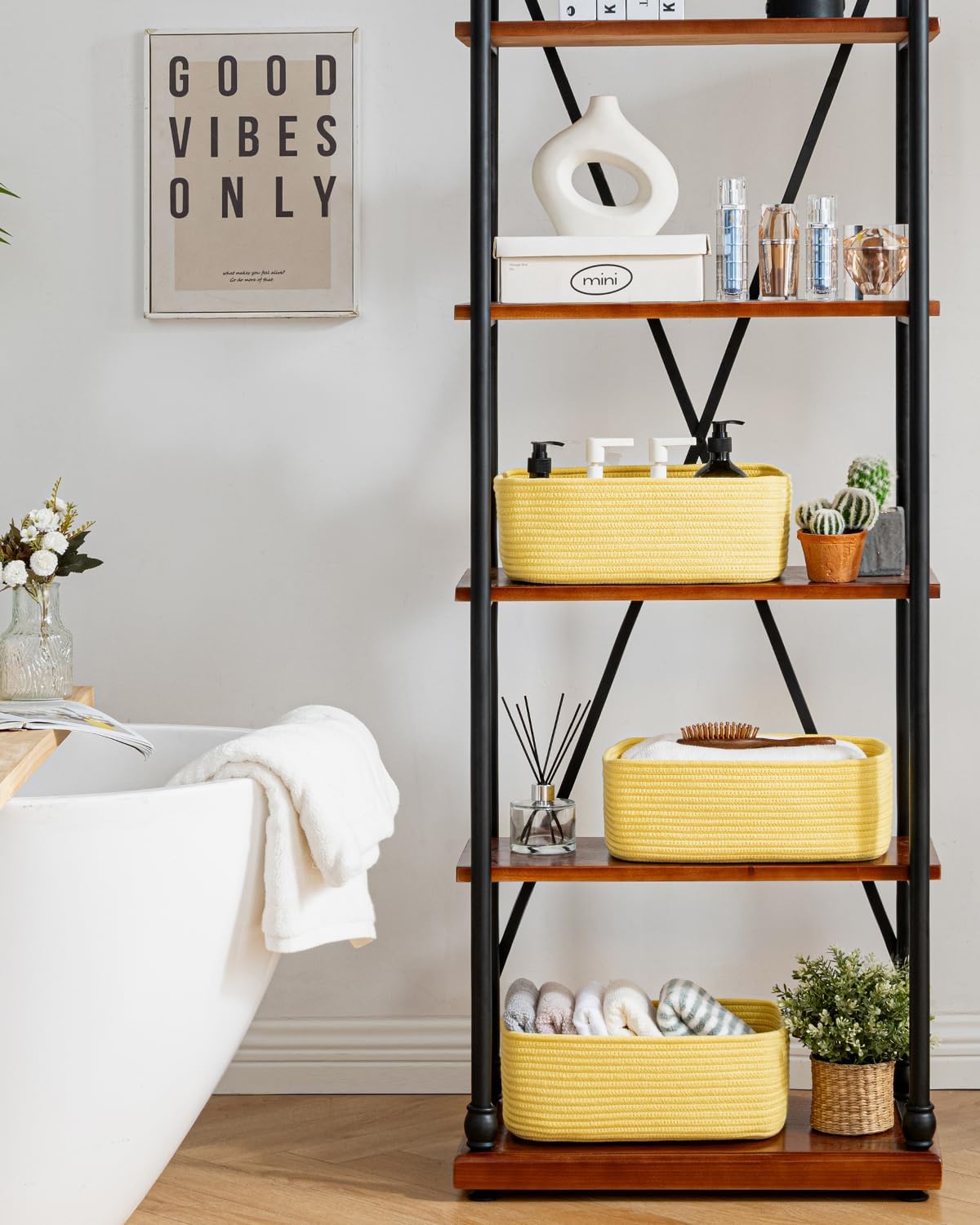 Small Woven Basket, 13.5 x 9.5 x 5 Inches, Storage Basket for Organizing, Cute Small Rope Shelf Closet Cube Storage Bins Baskets for Shelves, Dog Toy Gift Baskets Empty, 3 Pack Yellow