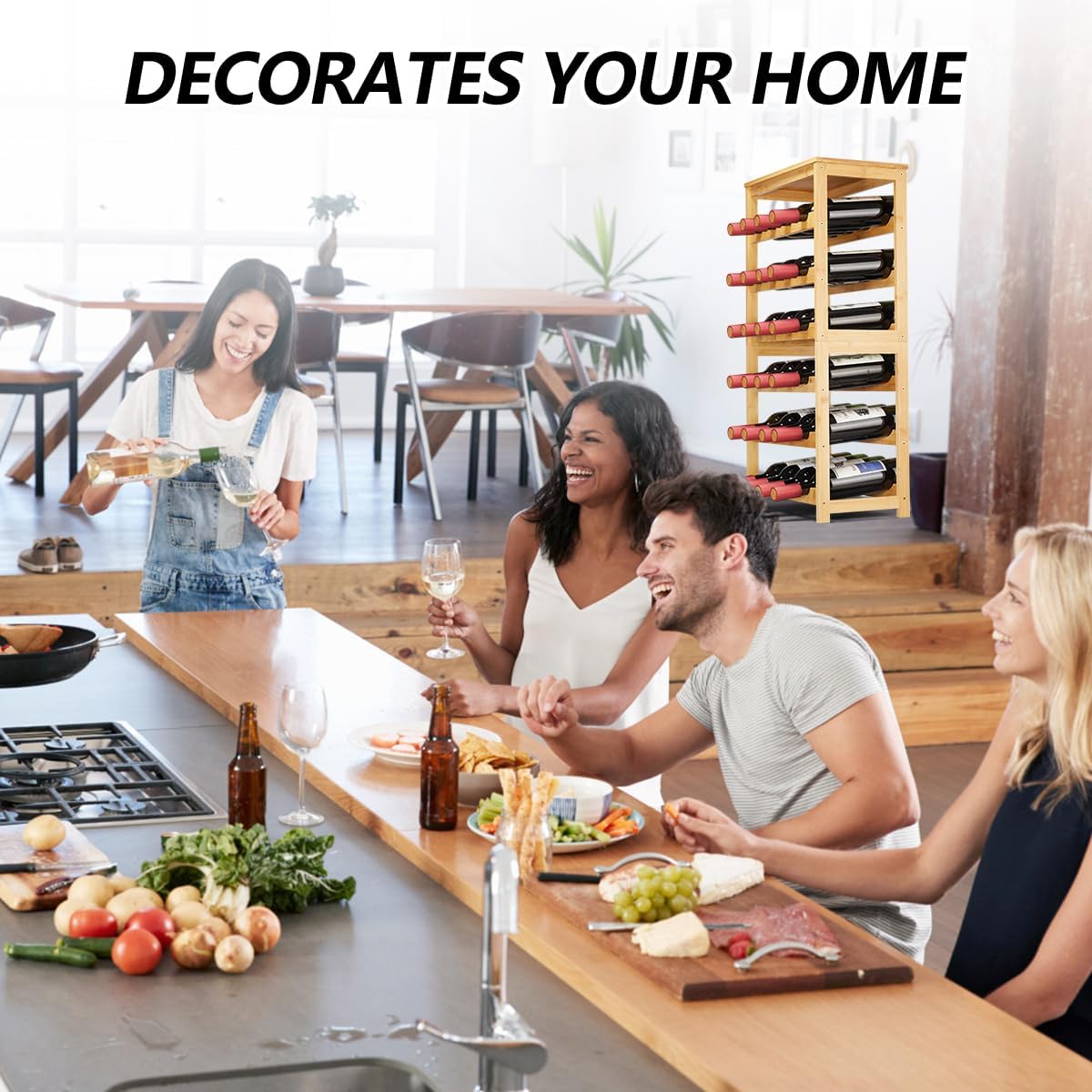 Wine Rack 24-Botttle Freestanding Floor, 6-Tier Wine Rack Shelf with Table Top, Bamboo Display Wine Storage Shelves Kitchen Bar Dining Room Living Room, Natural