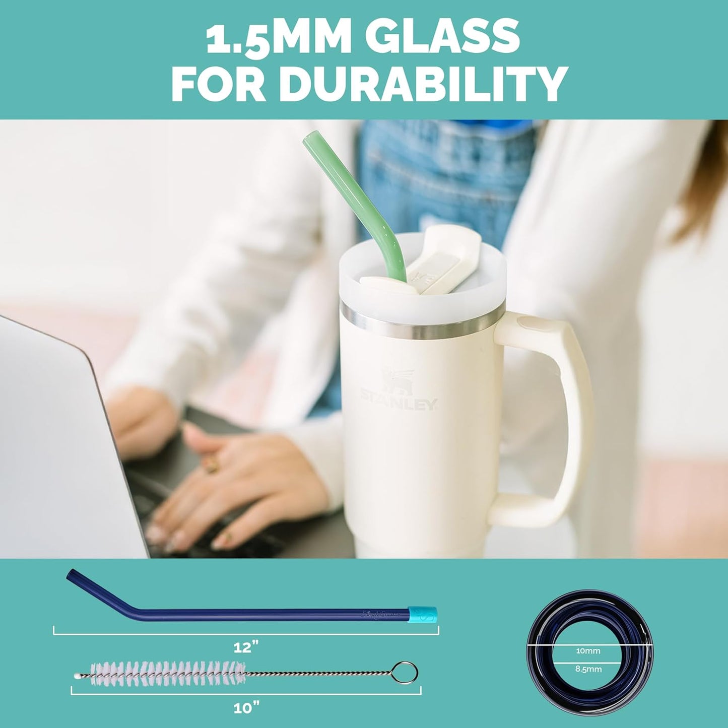 Simply Straws 12 Inch Glass Straws Bent (6-Pack) – Reusable Glass Straws for Stanley 40 Oz Tumbler, with Cleaning Brush – Durable, Dishwasher Safe, Hot & Cold Use, BPA-Free (Air)