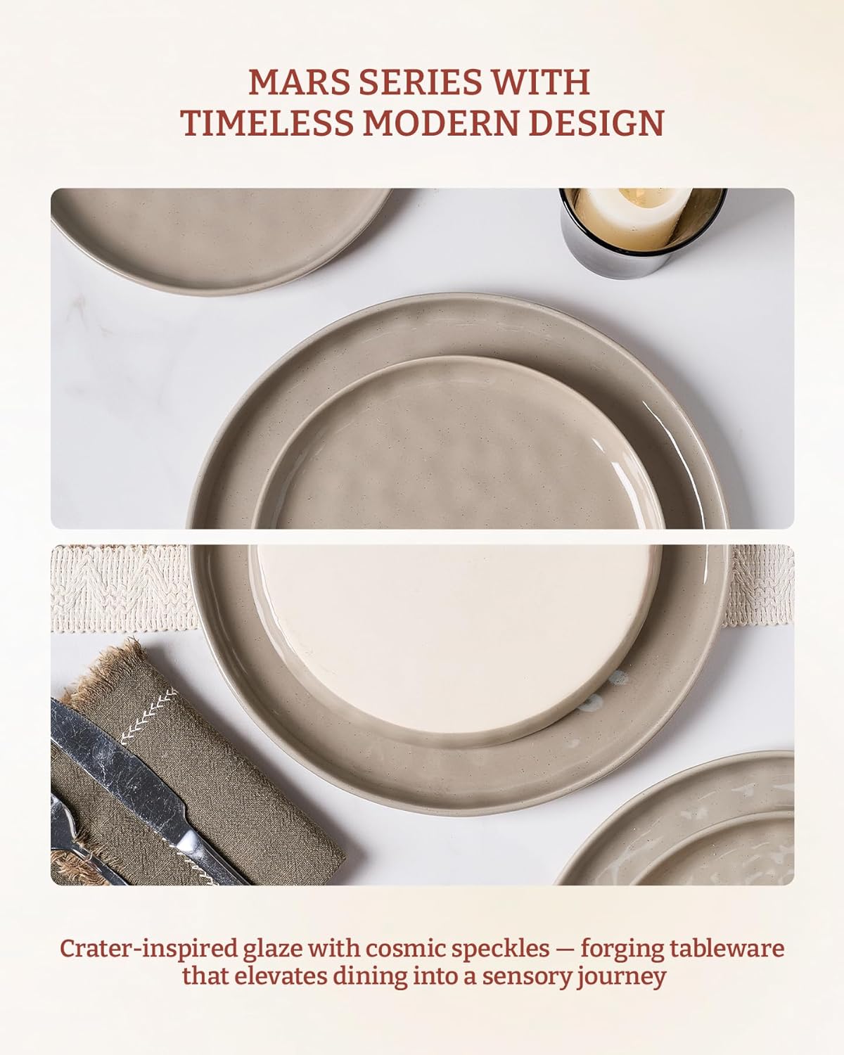 Famiware Mars Plates and Bowls Set, 12 Pieces Dinnerware Sets, Dishes Set for 4, Cinnamon Brown