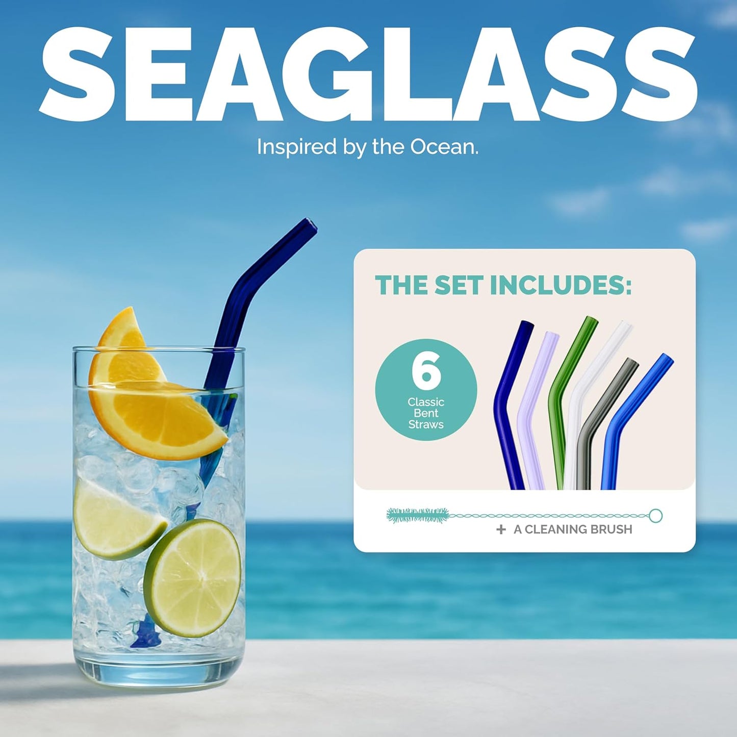 Simply Straws 8 Inch Glass Straws Bent (6-Pack) – Reusable Glass Straws for Pints & Juice Drinkware, with Cleaning Brush – Dishwasher Safe, Hot & Cold Use, BPA-Free (Seaglass)