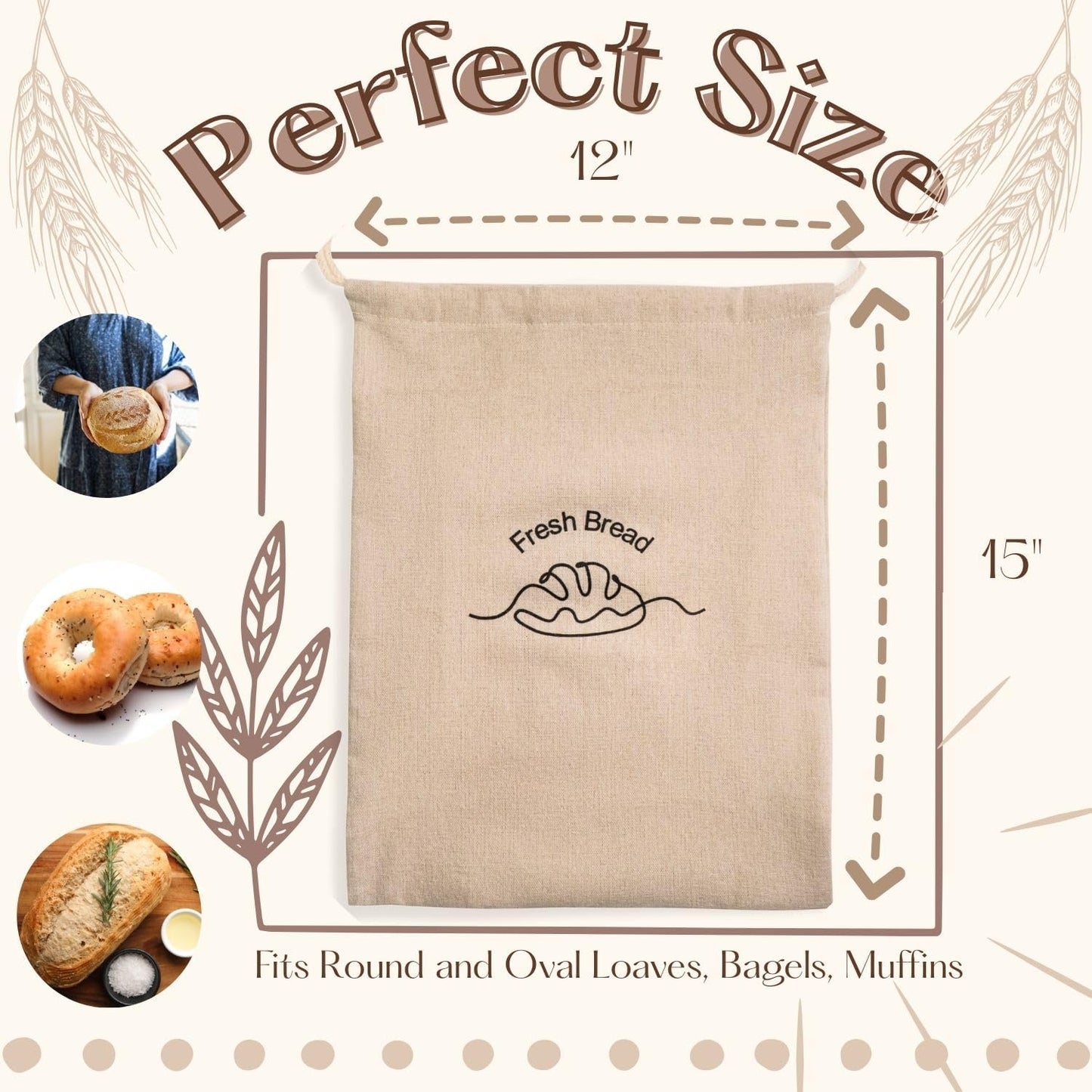 Simply H&K Reusable Linen Bread Bags for Homemade Bread [Pack of 3] - 12" x 15" - with Inner Lining - Sourdough Bags, Baking Gifts, & Baking Supplies for Home Bakers