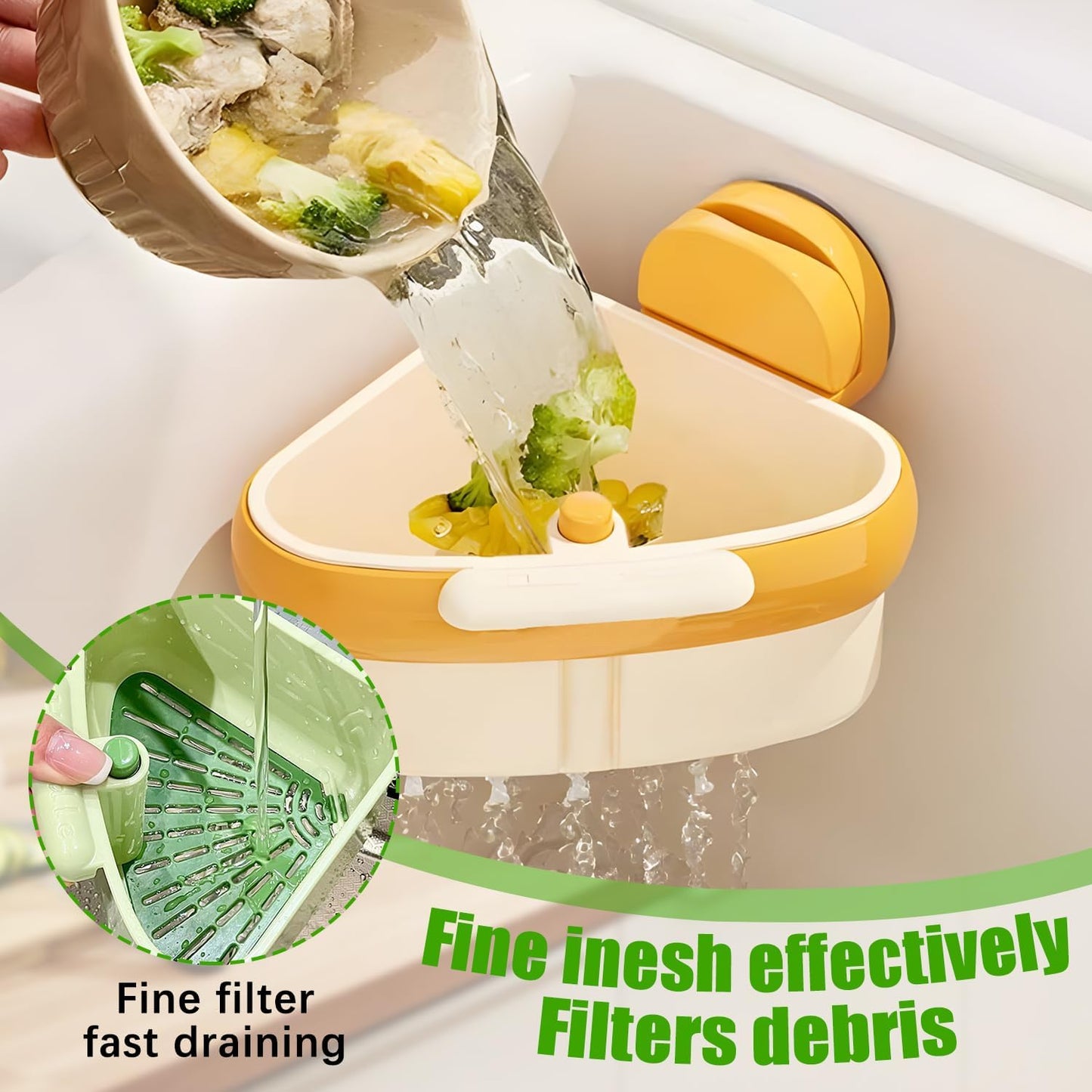 Upgraded Suction Cup Sink Corner Rack, New Press Corner Sink Strainer, Automatic Dumping Sink Strainer Basket, Triangle Storage Rack with Drain Hole, Corner Sink Trash Catcher for Food Waste (Yellow)