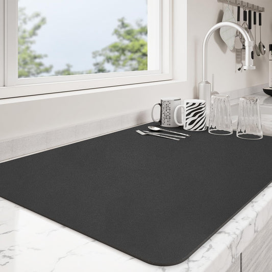 Dish Drying Mat for Kitchen Counter | Coffee Bar Mat for Countertops | Heat Resistant Drainer Mat with Non-slip Rubber Backed | Hide Stain Kitchen Absorbent Draining Mat | Black 16"x18"