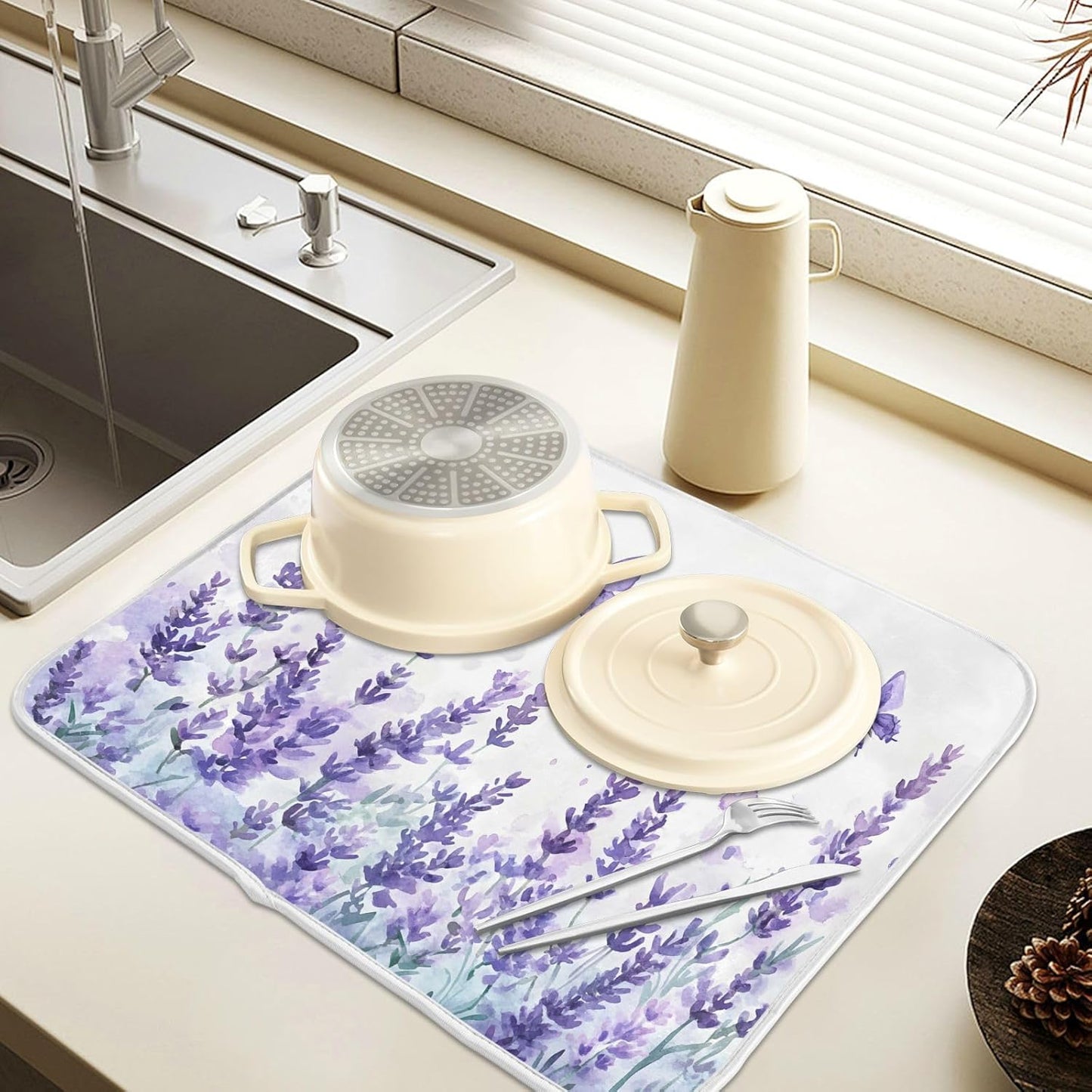 Purple Lavender Spring Summer Flower Floral Dish Drying Mat for Kitchen Counter Absorbent Microfiber Large Drying Pad Dish mats for Kitchen Countertops 18 x 24 Inch