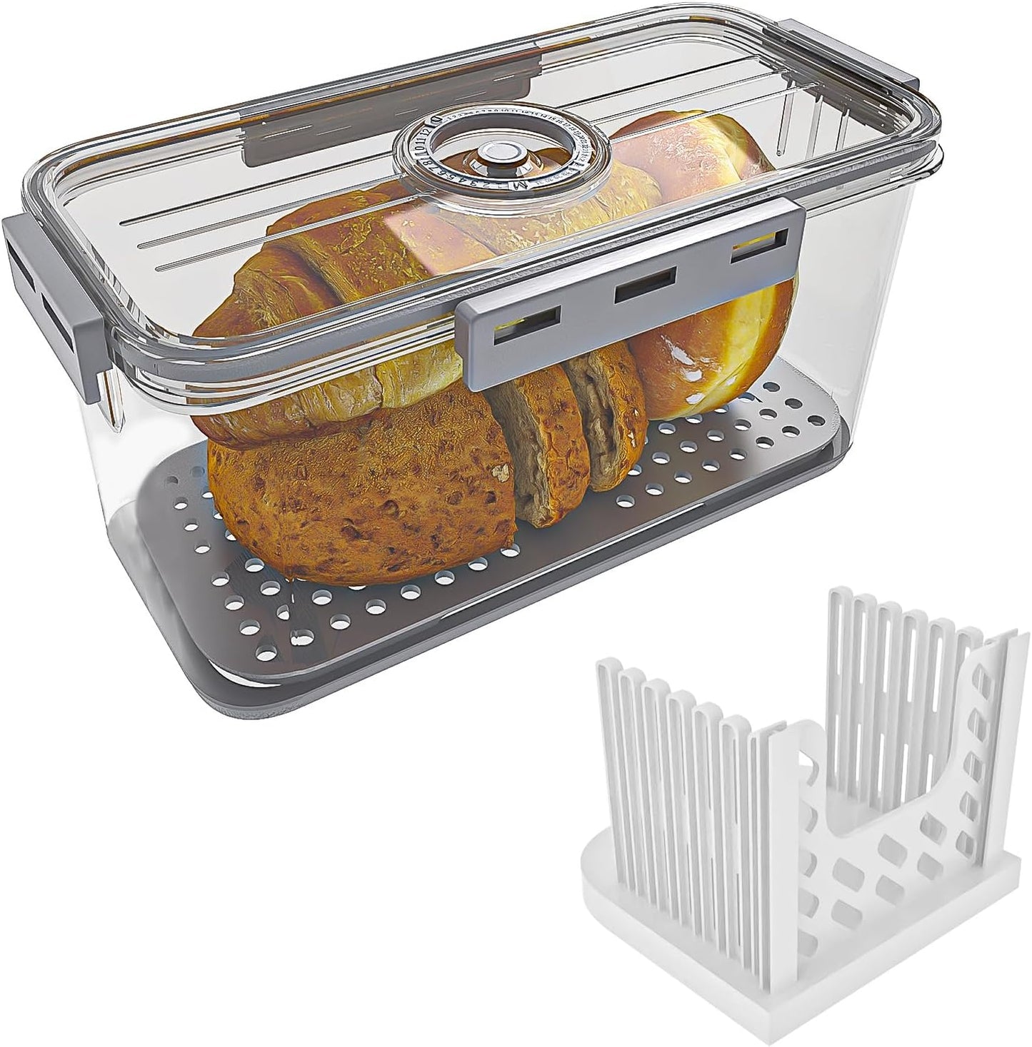 Bread Box and Slicer, Breads Slicer for Homemade Breads, Large Bread Box Airtight with Lid and Time Recording Function, Bread Container for Homemade Bread, Cookies, Bagel, Donut and Toast(grey)