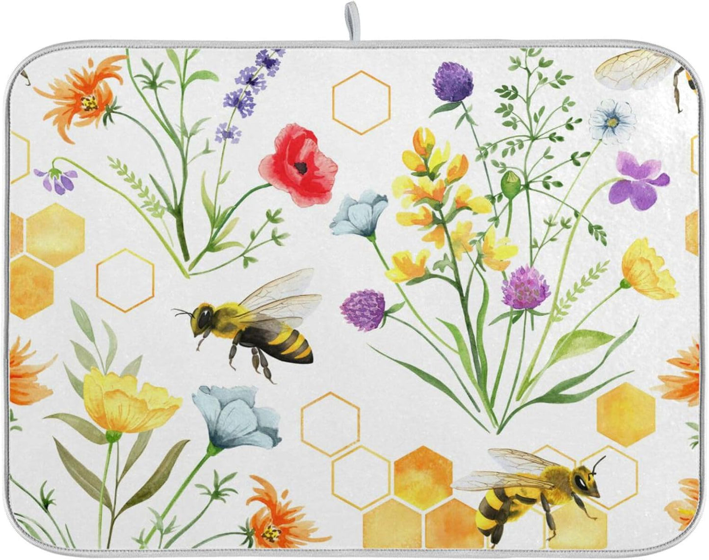 Wildflowers and Bees Dish Drying Mat for Kitchen Counter Absorbent Microfiber Drying Pad, Medium 16x18 in, Reversible Drainer Mats
