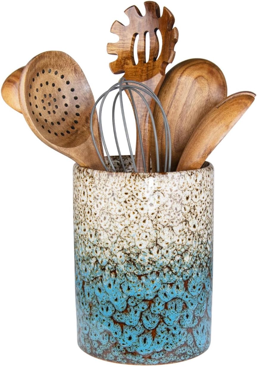 Utensil Holder, Ceramic Kitchen Utensil Holder for Countertop, Large Cooking Utensil Crocks for Kitchen Counter, Morden Utensil Organizer for Spatula, kitchen Decor,White & Blue