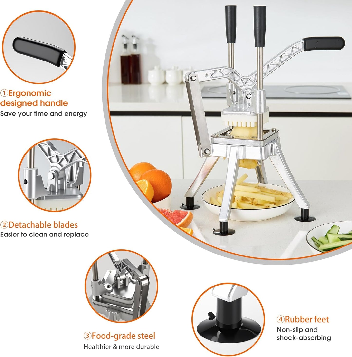 Commercial Vegetable Chopper Potato Dicer & Fruit Slicer, Stainless Steel French Fry Cutter with 3 Replacement Blades(1/2 Inch, 3/8 Inch and 1/4 Inch Blades) for Restaurants & Home Kitchen