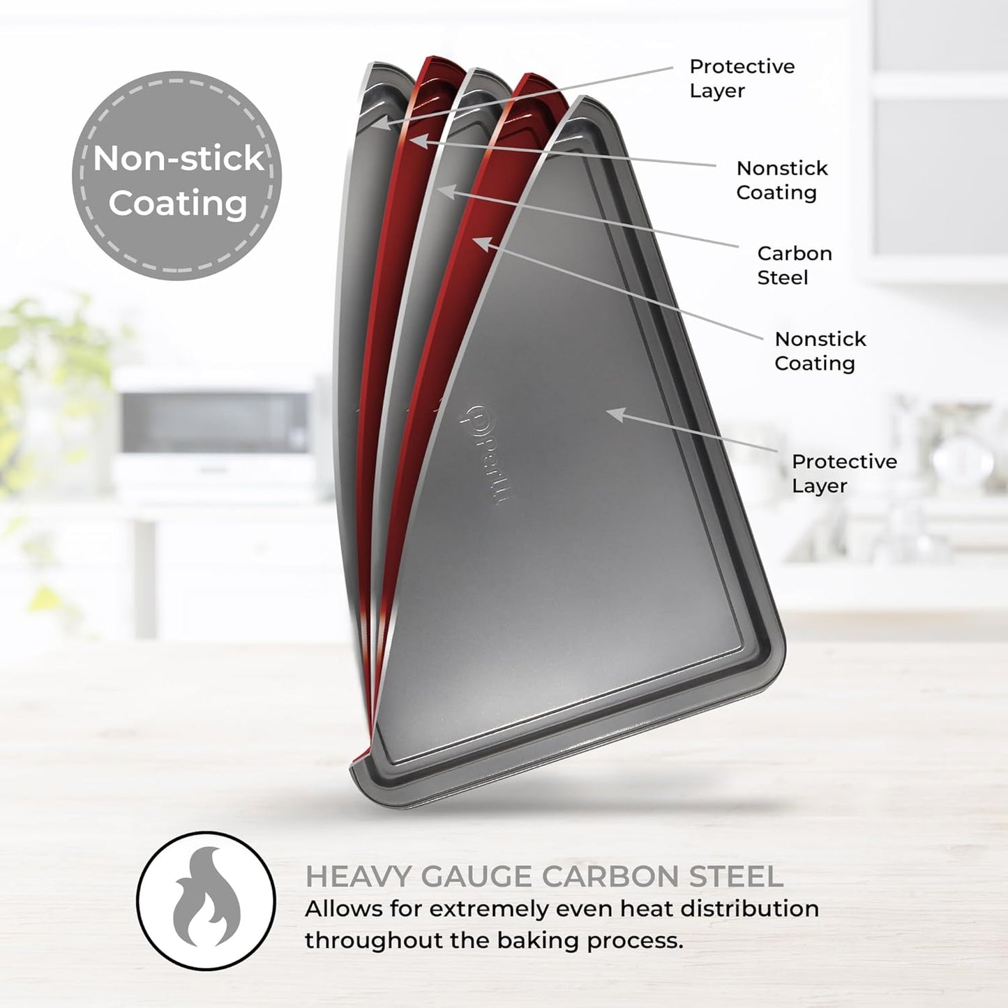 PERLLI Non-Stick 3-Piece Baking Pan Set, BPA-Free Gray Carbon Steel Bakeware Set, Stackable Kitchen Oven Set, Cookie Sheet, Baking Tray, Baking Sheet Set, Oven Safe (446°F)