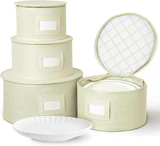 storageLAB China Storage Containers, Hard Shell Case with Felt Dividers for Charger Plates, and Dishes, Ideal for Kitchen Organization, Moving Supplies, and Fine China Storage - 4-Piece Set, Cream