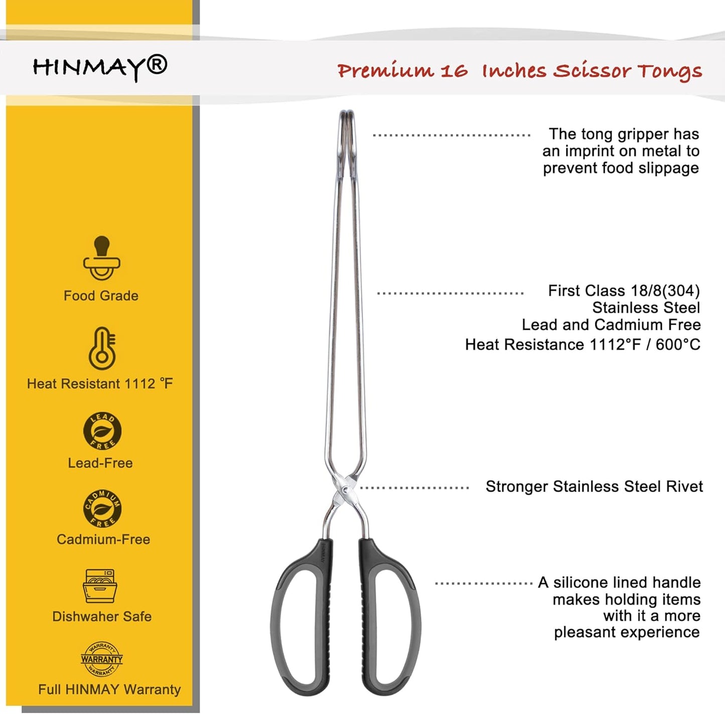 Scissor Tongs 16-Inch Extra Long Stainless Steel Barbecue Grilling Tongs (Black Handle)