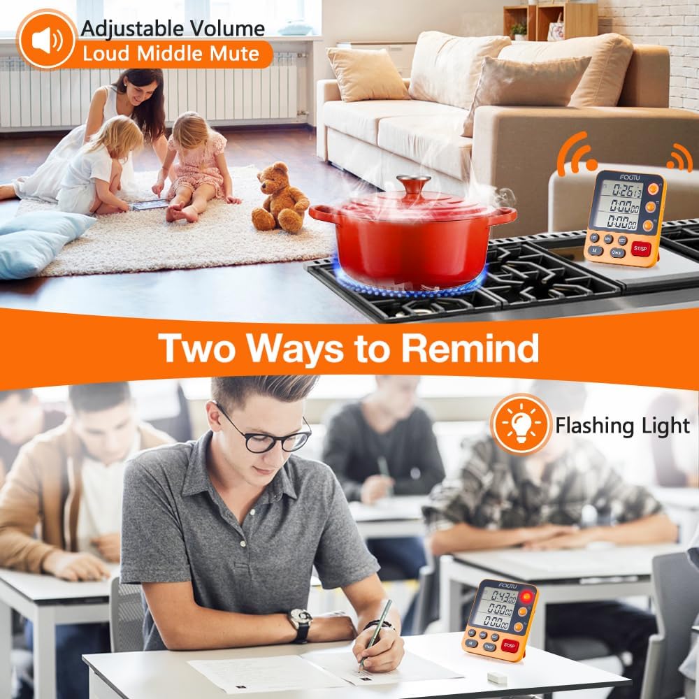 FCXJTU Digital Dual Triple Kitchen Timer, 3-Channel Magnetic Countdown Timer for Cooking, Large Display Stopwatch Multi Food Classroom Timer Loud Alarm for Seniors Teachers Battery Included (Orange)