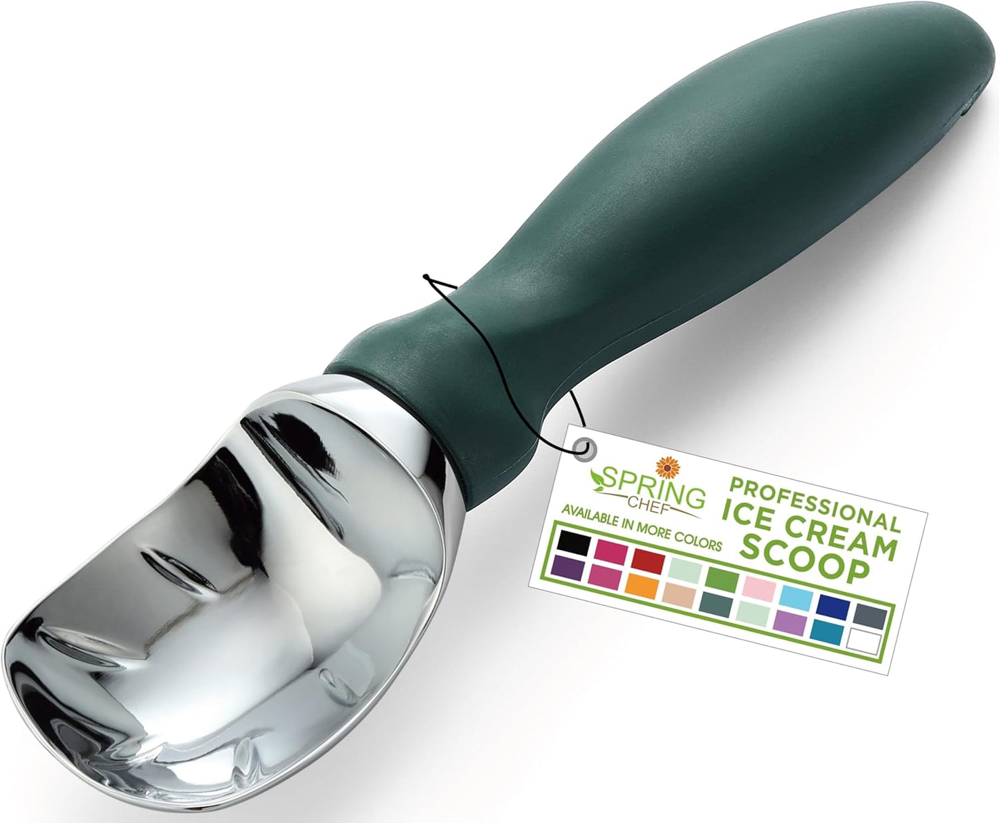 Spring Chef Professional Ice Cream Scoop with Soft Grip Handle - Heavy Duty Ice Cream Scooper for Cookie Dough, Frozen Yogurt, Gelato, Sorbet, Melon - Dishwasher Safe Kitchen Tool - Pine Green