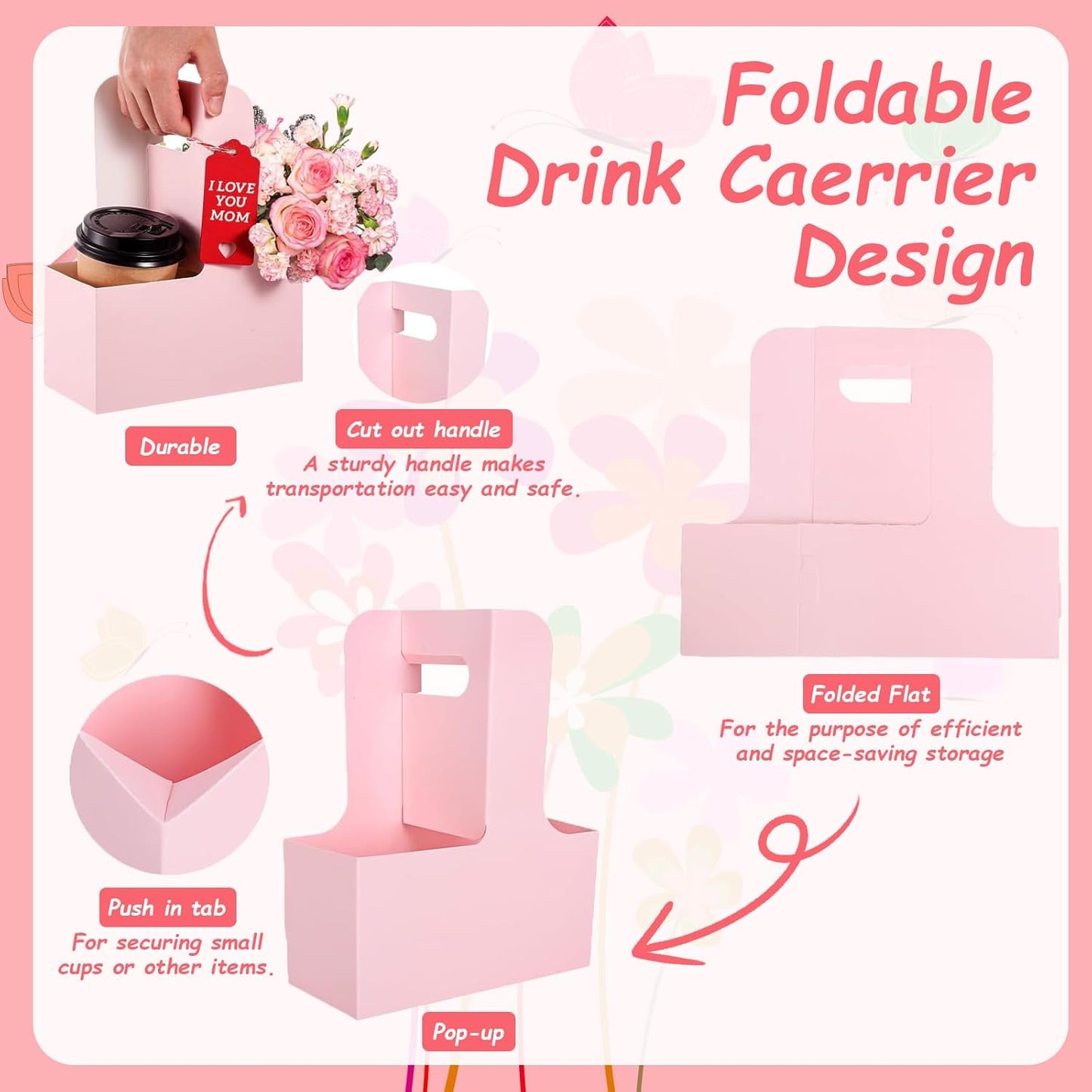 30 Pack 2 Cup Disposable Pink Drink Carrier with Handle Paperboard Coffee Cup Holder Portable for Hot Cold Drinks Food Delivery Services with Heart Card for Teacher Appreciation Week Mother's Day