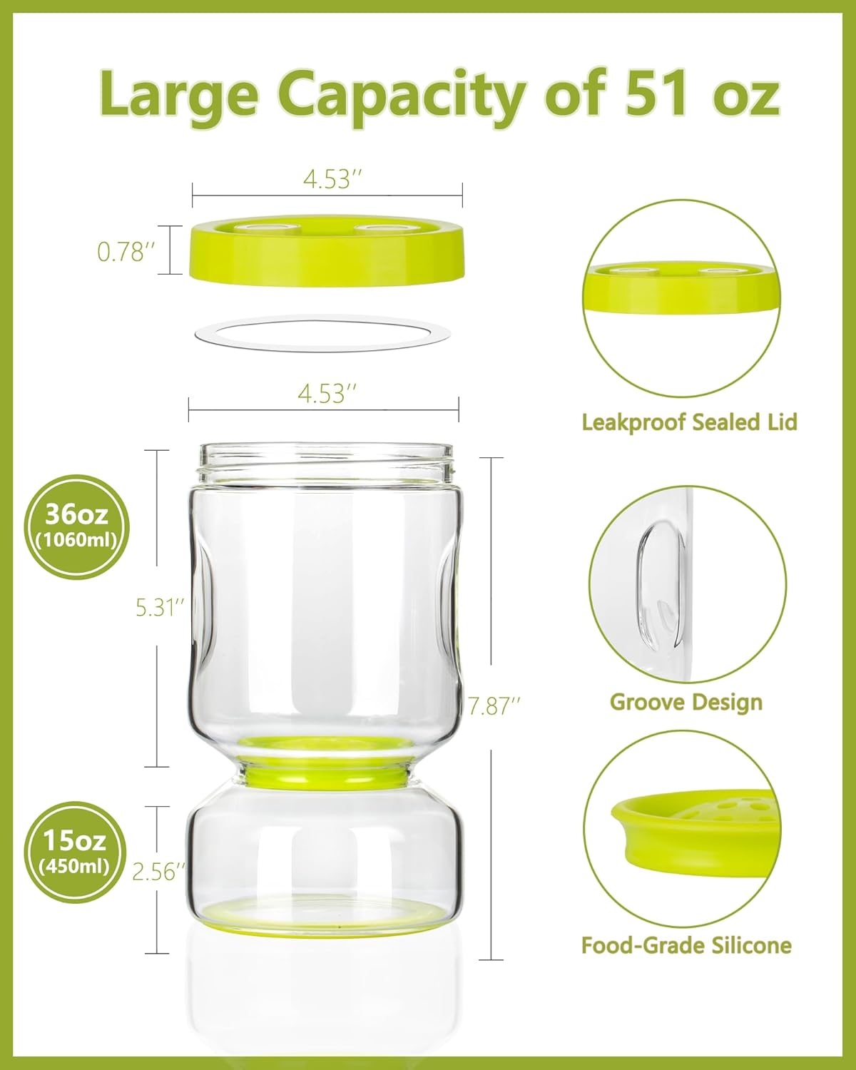 ZENS Glass Pickle Jar with Strainer Flip, 2 Pack Pickle Container Olive Hourglass Jars, Airtight Pickle Juice Separator from Wet and Dry, Pickles Storage Jar 51oz-Green & White