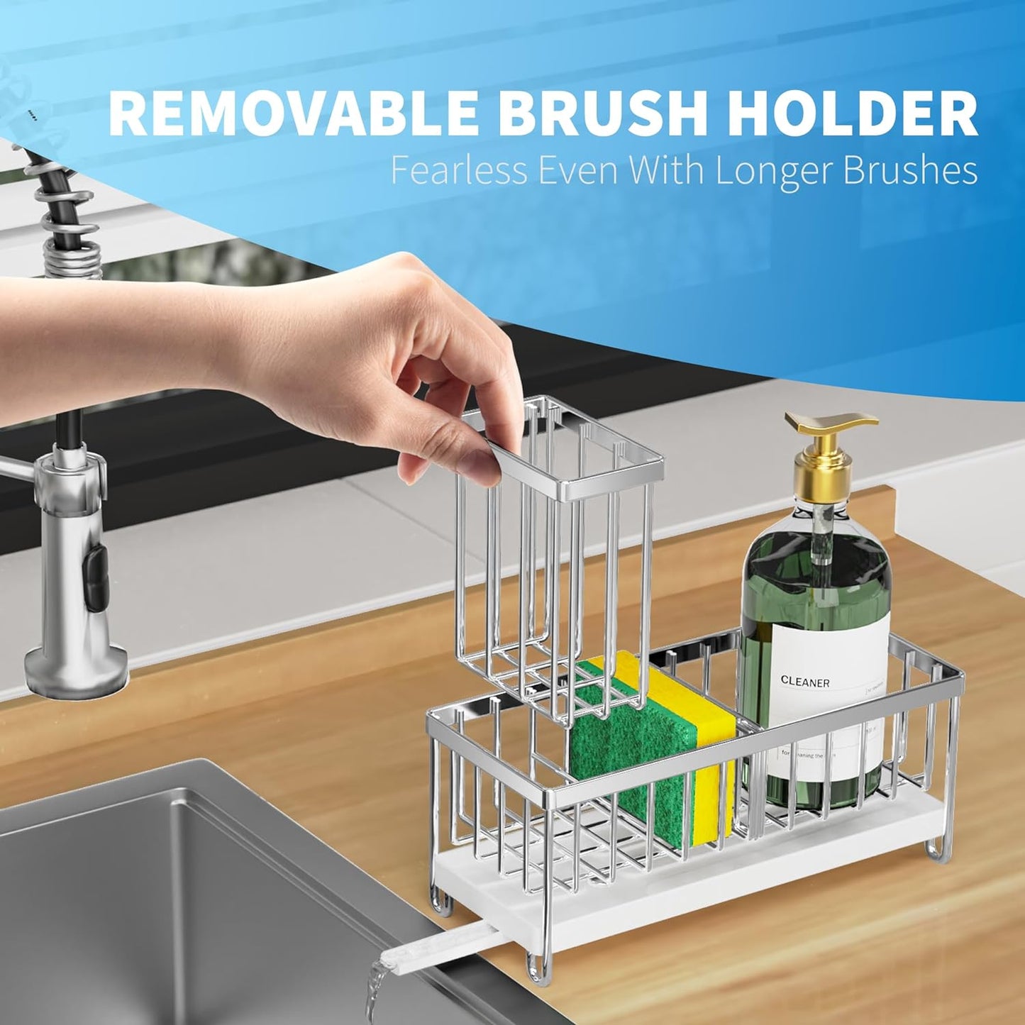 Cisily Silver Sponge Holder for Kitchen Sink, Sink Caddy Organizer with High Brush Holder, Kitchen Countertop Organizers and Storage Essentials, Rustproof 304 Stainless Steel, Soap Dispenser Organize