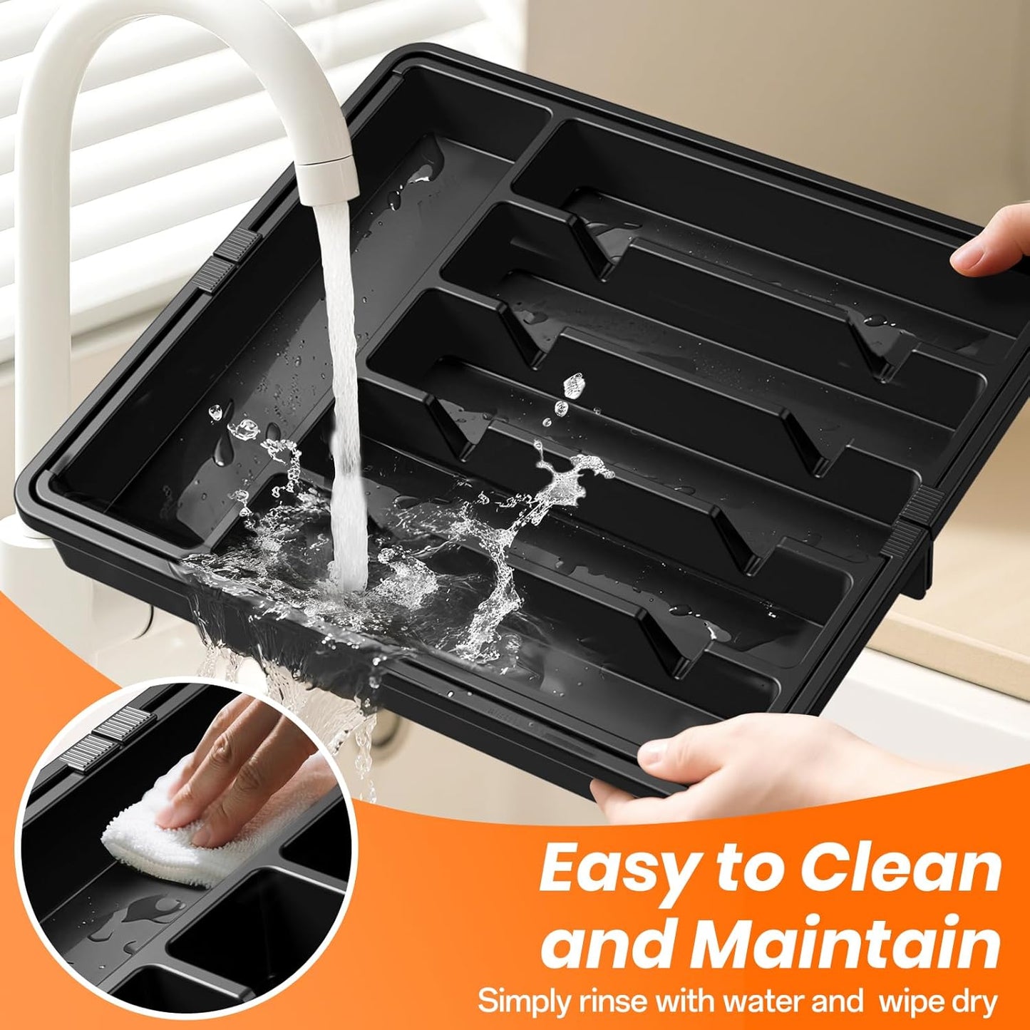 Large Silverware Organizer,Expandable Utensil Drawer Organizer,BPA Free Utensil Holder,Adjustable Silverware Tray Cutlery Drawer Organizer for Kitchen Flatware,Large,Black,2 Pack