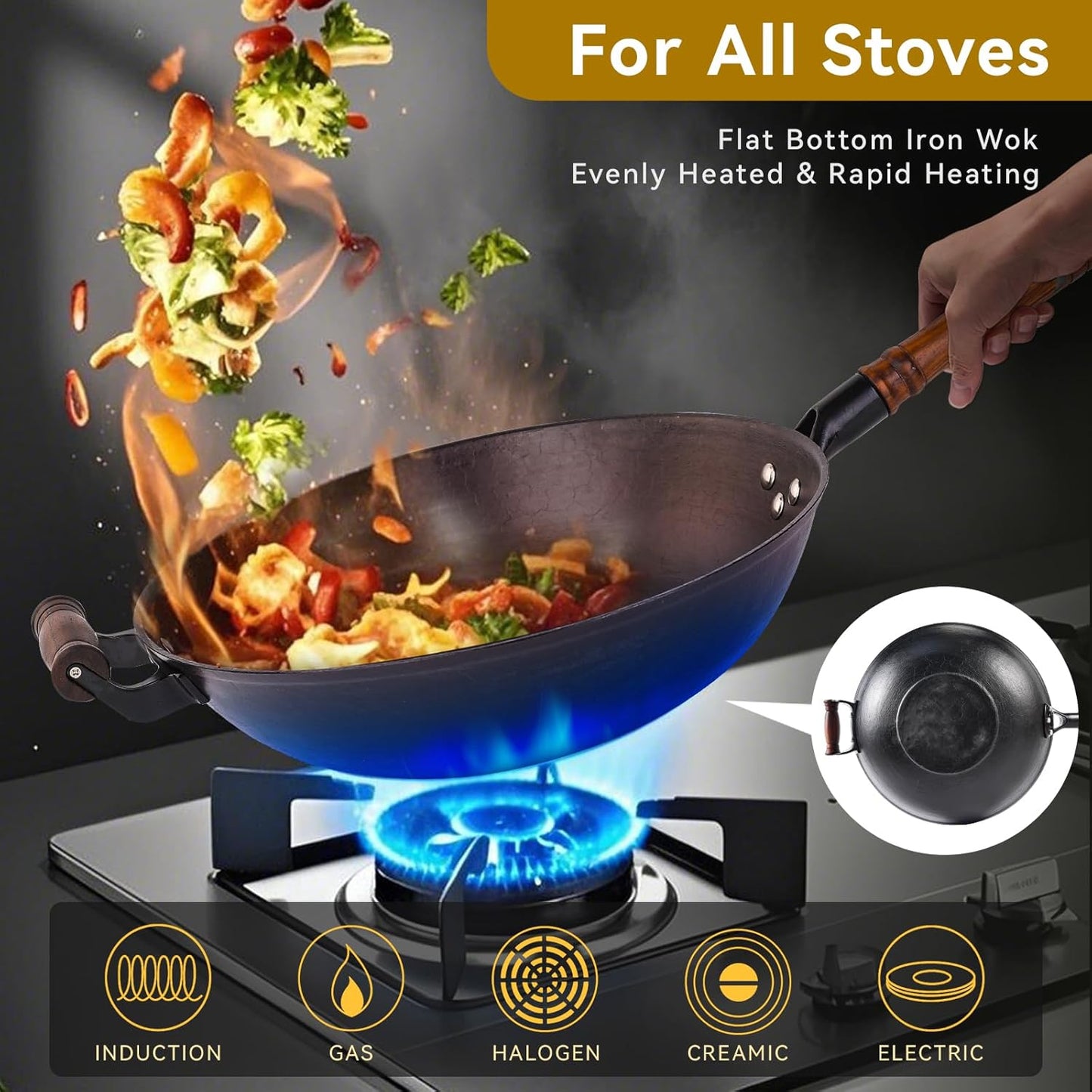 WANGYUANJI Cast Iron Wok,13.4 inch Flat Bottom Wok with Glass Lid,Suitable for All Cooktops, Uncoated Craft Pot Healthy Cooking Pot