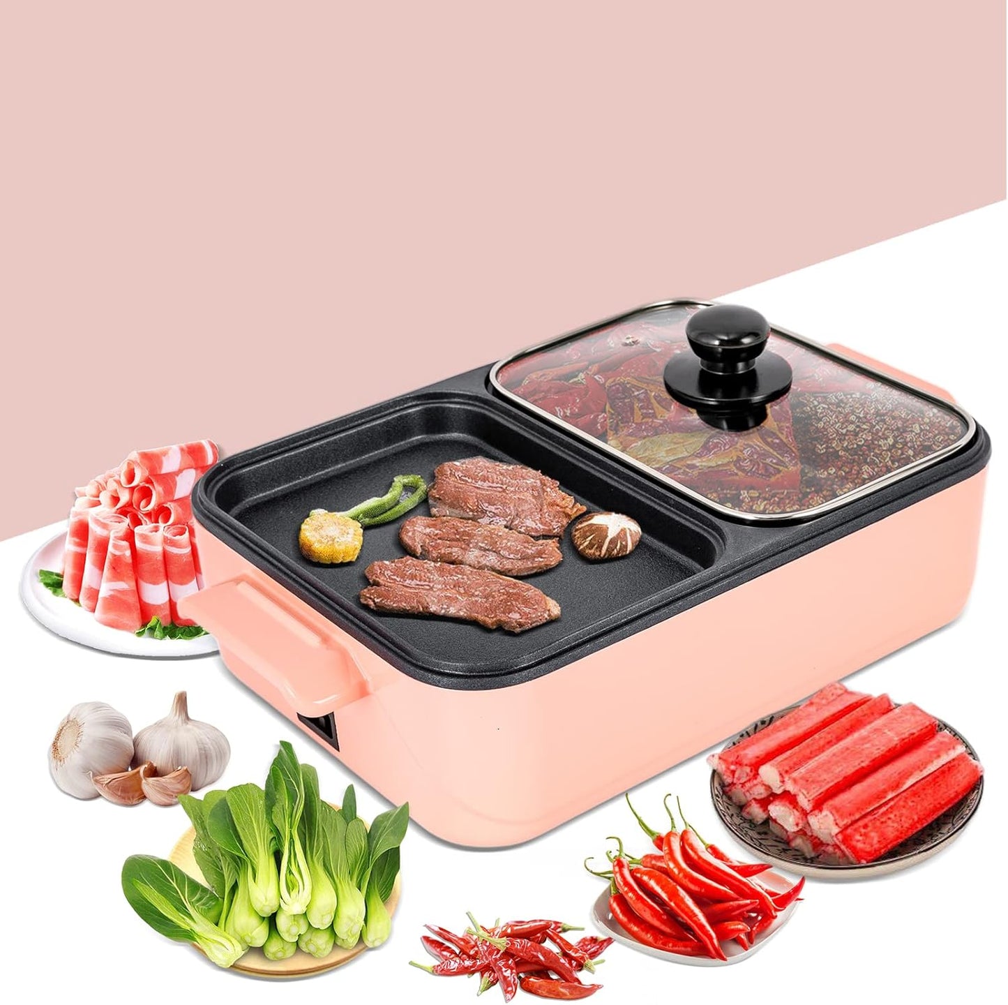 Hot Pot and Grill, 2 In 1 Electric Hot Pot Grill Cooker, Non-Stick Multi-Functional Smokeless Shabu Korean BBQ Pan Indoor with Dual Temperature Control, Capacity for 2-4 People