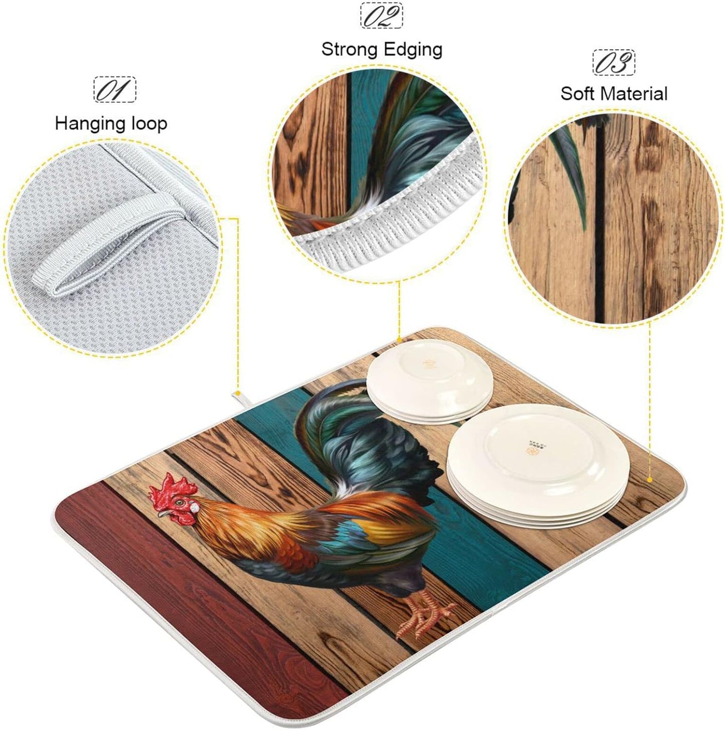 Rooster Dish Drying Mat for Kitchen Counter Farmhouse Absorbent Microfiber Drying Pad, Large 18x24 in, Reversible Drainer Mats