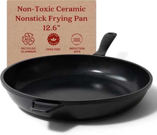 Alva Energy 12.6″ Non‑Toxic Ceramic Frying Pan – PFAS/PTFE‑Free, Induction‑Safe Recycled Aluminum – Fast, Even Heat with Stay‑Cool Handle, Lightweight for Everyday Cooking