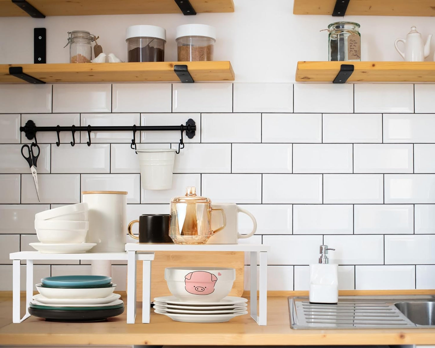 Marsui 4 Pcs Kitchen Organizer Accessories Set Cabinet Organizer Shelf and Bamboo Dish Drying Plate Rack Counter Shelves Storage Holder for Spice Rack, Dish, Pot Lid, Bowl, Cup (White)