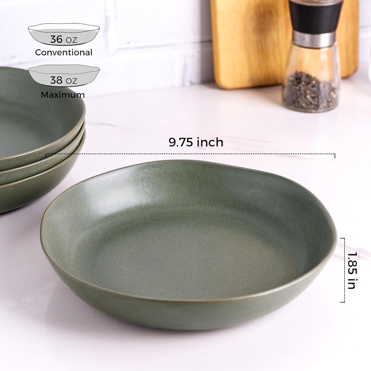 AmorArc 9.75'' Ceramic Large Pasta Bowls, 38oz Stoneware Flat Serving Bowls Set of 4, Oven,Microwave&Dishwasher Safe Bowls with Wavy Rim for Fruit Pasta Salad Meal, Reavtive-Matte