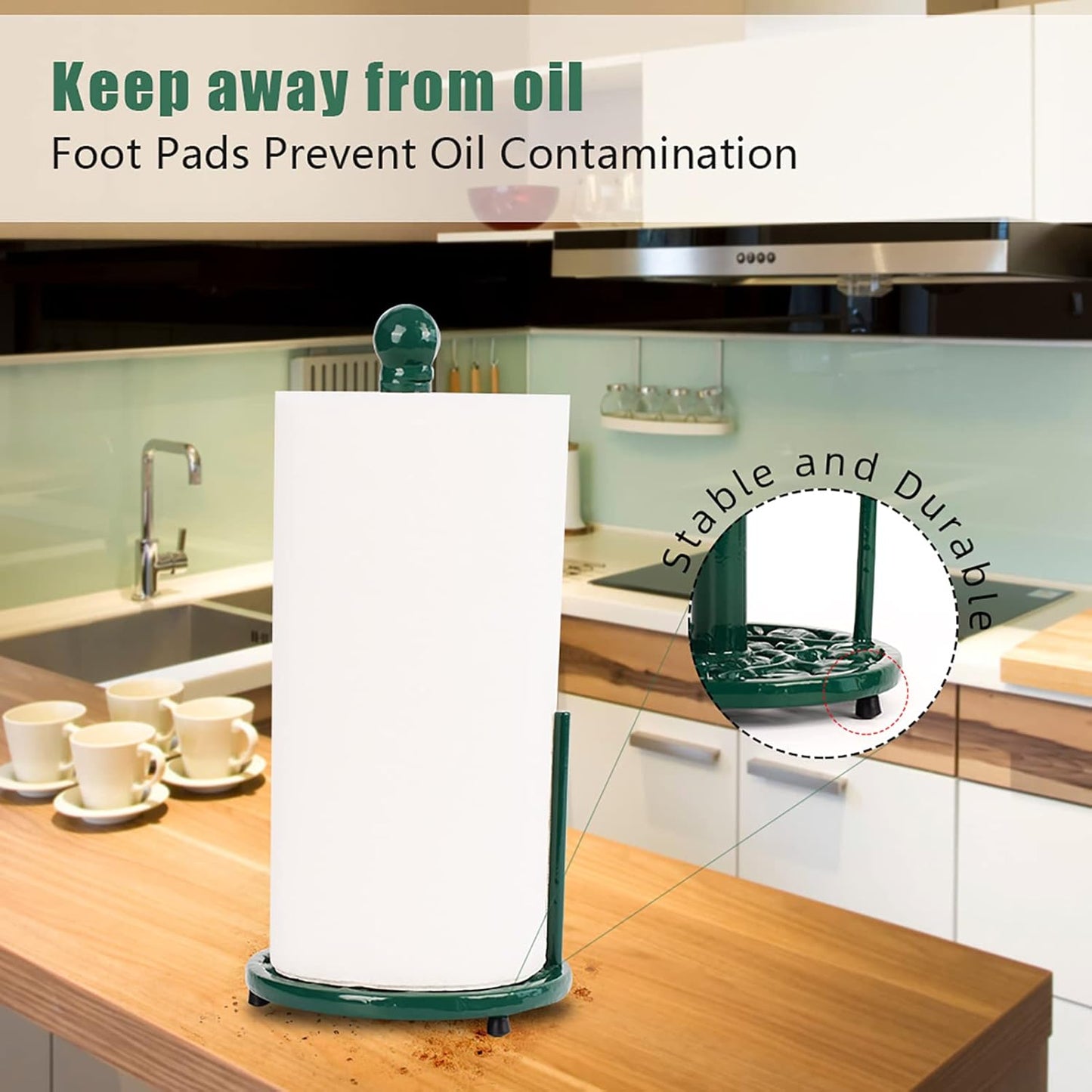 Cast Iron Paper Towel Holder, Vintage Chic Pumpkin Pattern Weighted Base Roll Paper Towel Holder Stand for Kitchen Bathroom Countertops, Green