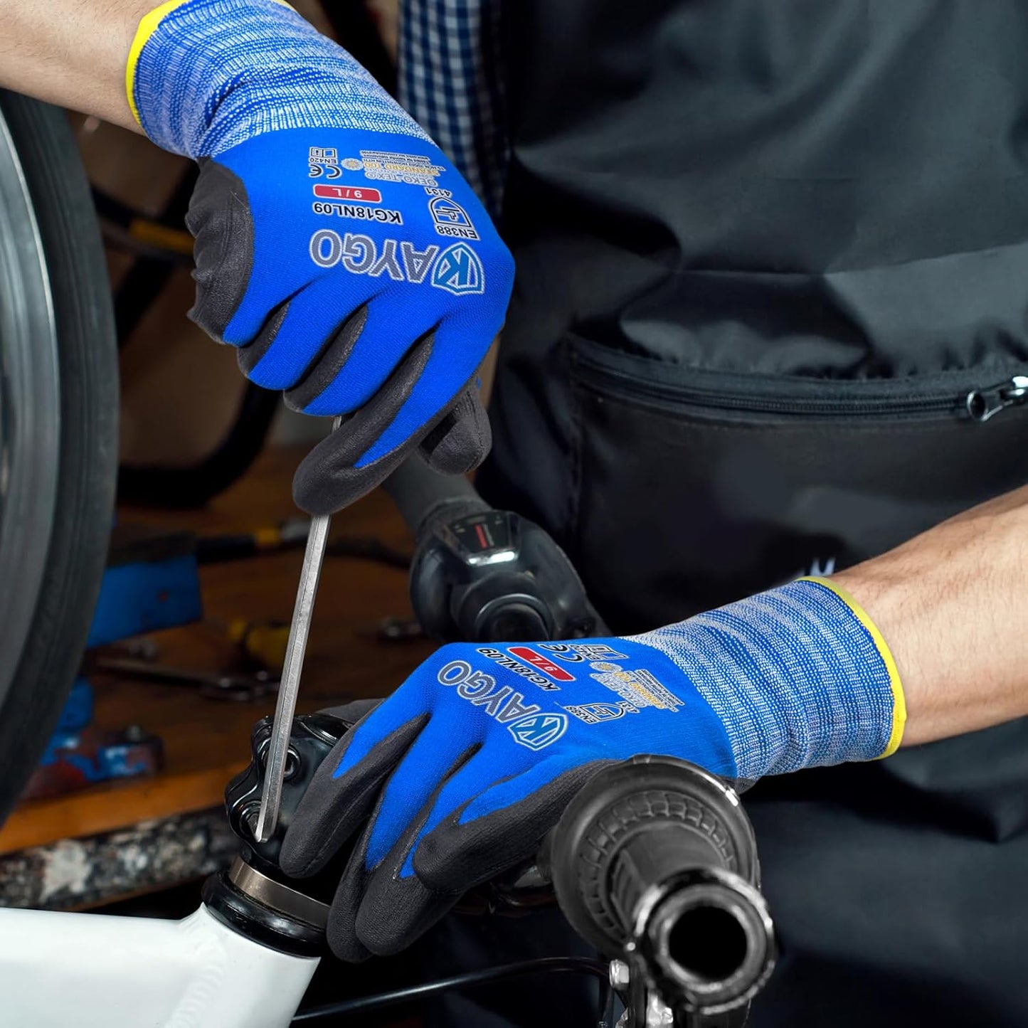 KAYGO Safety Work Gloves MicroFoam Nitrile Coated, 3 Pairs KG18NB,Seamless Knit Nylon Glove with full fingers Touchscreen, Ideal for Automotive,Warehouse,Construction (Large, Blue)