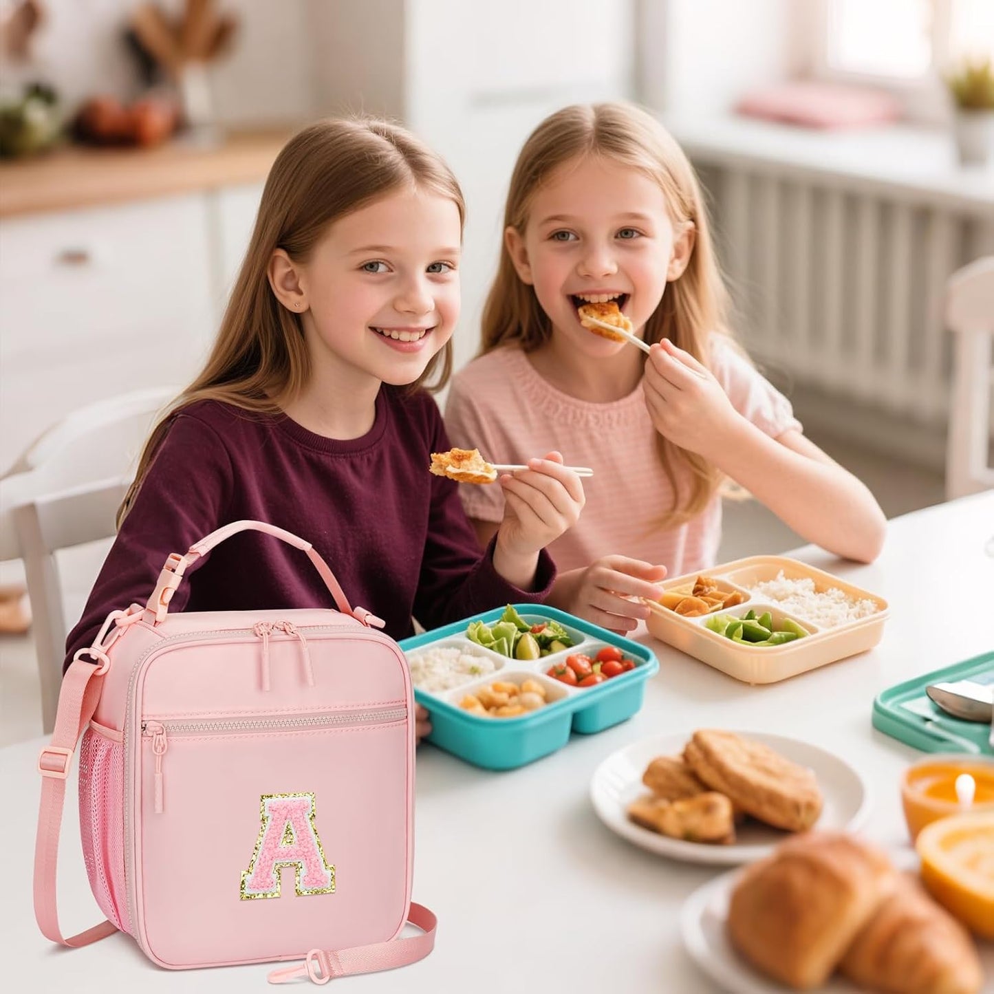 Initial Insulated Lunch Bag for Girls Kids, Back to School Gift, Reusable Leak-proof Lunch Box with Adjustable Strap for School Daycare Travel Picnic (Pink,A)