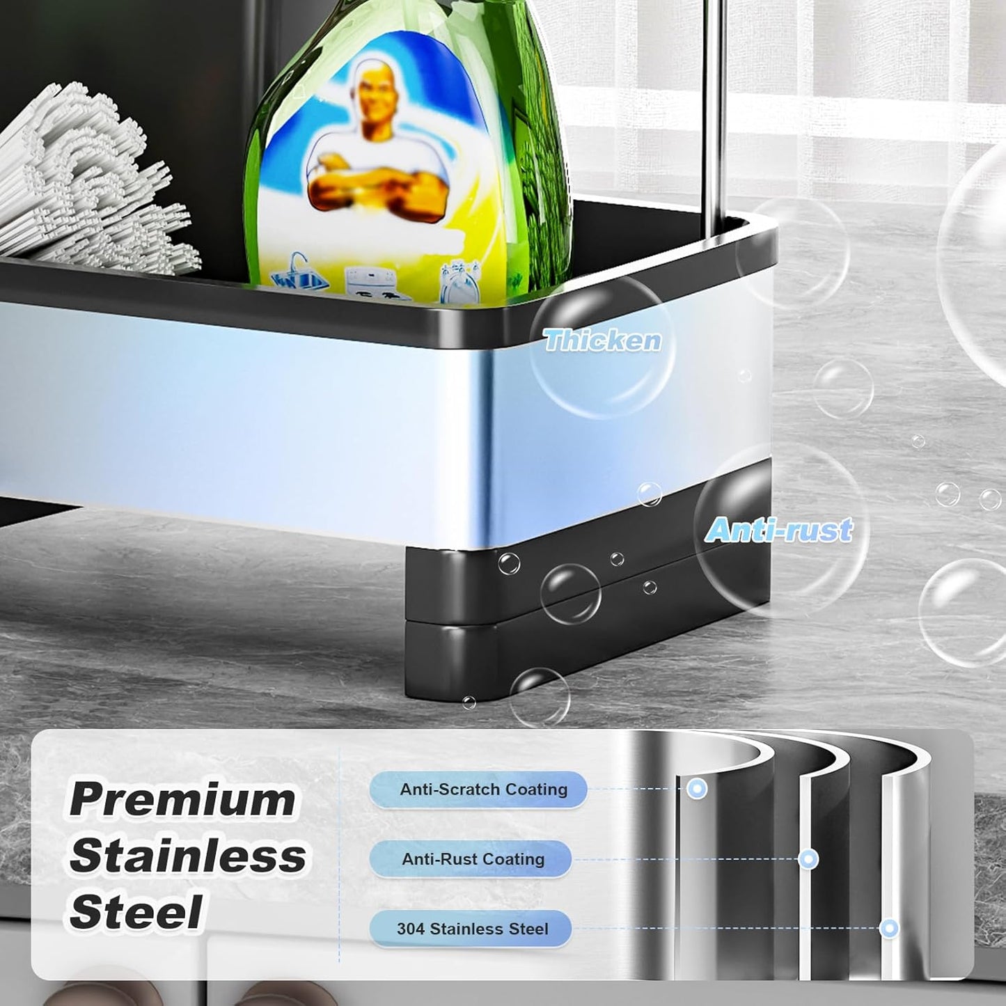 Stainless Steel Sink Caddy, Sponge Holder for Kitchen Sink with Brush Holder & Dishcloth Rack, Rustproof Sink Organizer Countertop, Kitchen Organizers Storage Essentials (D-Black)