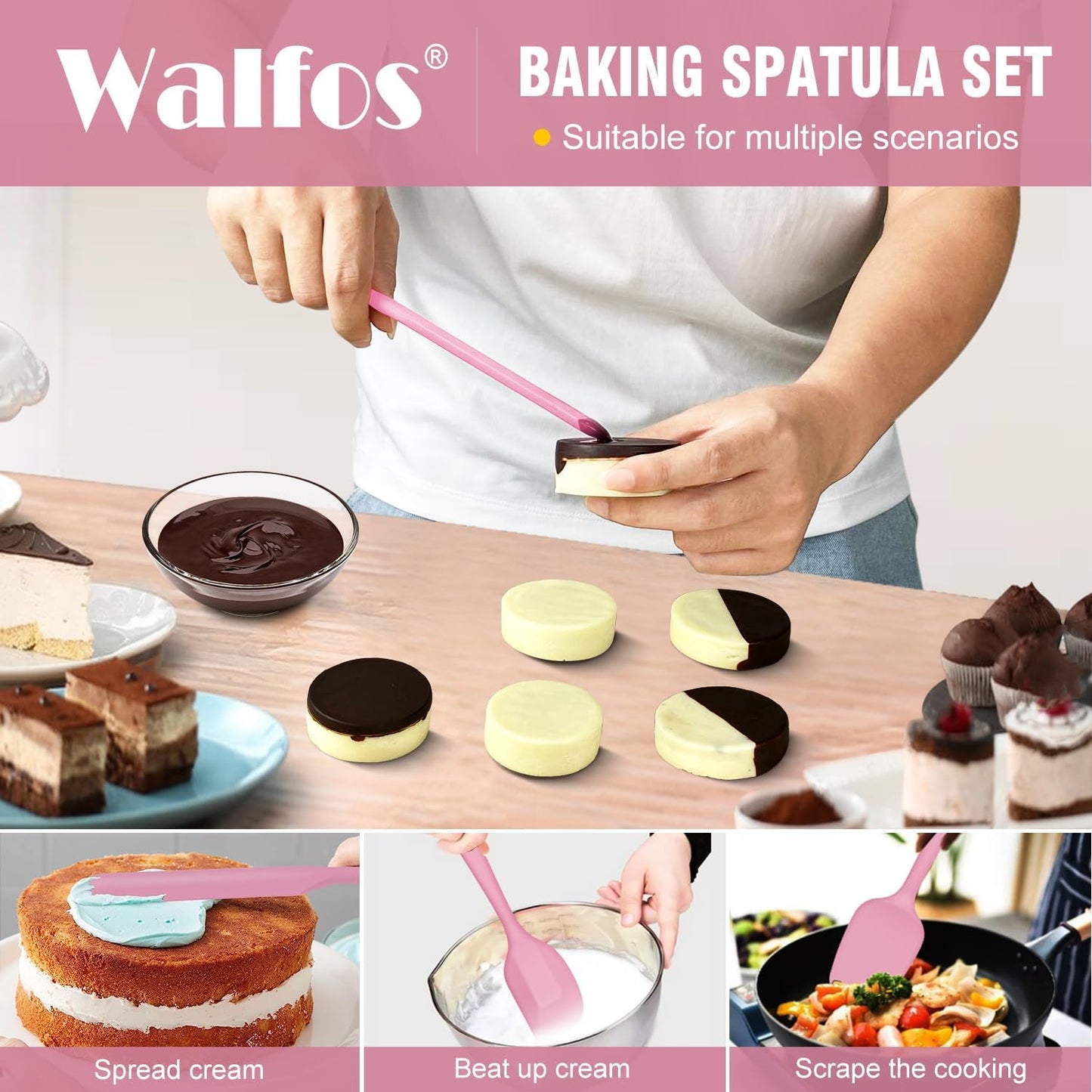 Walfos Silicone Spatula Set of 5 - (600°F) High Heat Resistant Kitchen Scraper Spatulas, One-Pieces Seamless Design, Perfect for Cooking Mixing & Baking - BPA Free and Dishwasher Safe（Pink）