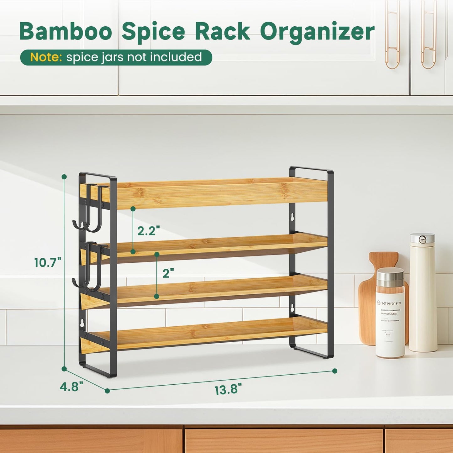 EsLuker.ly Spice Seasoning Rack Organizer Kitchen Countertop, 4 Tier Bamboo Spice Shelf Holder Storage with 4 Hooks, Wall Mounted Freestanding Stand for Pantry, Quick Spice Access(Jars Not Included)