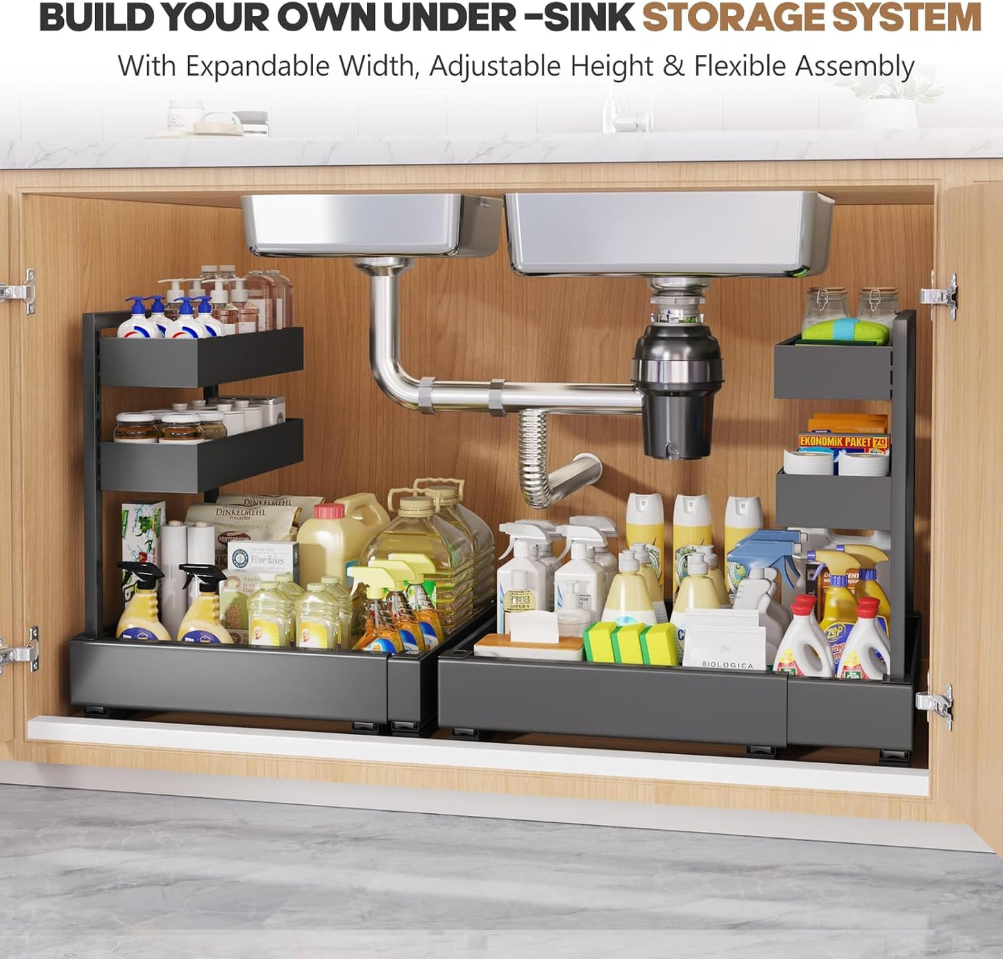 Expandable Under Sink Organizer with 3 Ball-Bearing Slide Rails , 2-Tier Pull-Out Under Cabinet Storage Shelf for Kitchen & Bathroom , Height-Adjustable Slide-Out Cabinet Drawer （Black, 1-Pack）