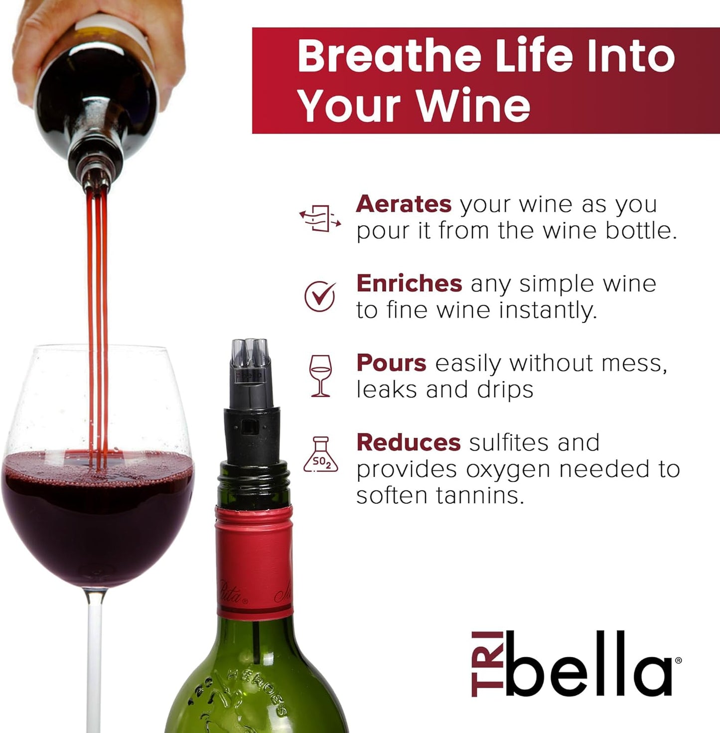 Air Speed Wine Aerator Modest Design Multi-Stream Drip Free Wine Aeration 3 Stainless Steel Spouts, Handmade Kitchen Essential Easy To Use, No-Drip valentines day gift for her in Protective Gift Case