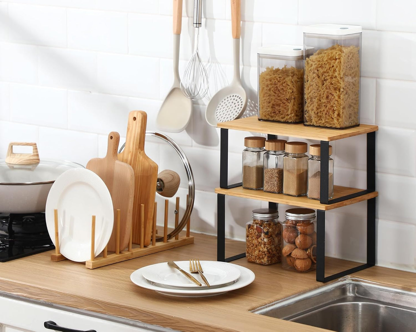 Marsui 4 Pcs Kitchen Organizer Accessories Set Cabinet Organizer Shelf and Bamboo Dish Drying Plate Rack Counter Shelves Storage Holder for Spice Rack, Dish, Pot Lid, Bowl, Cup(Light Color)