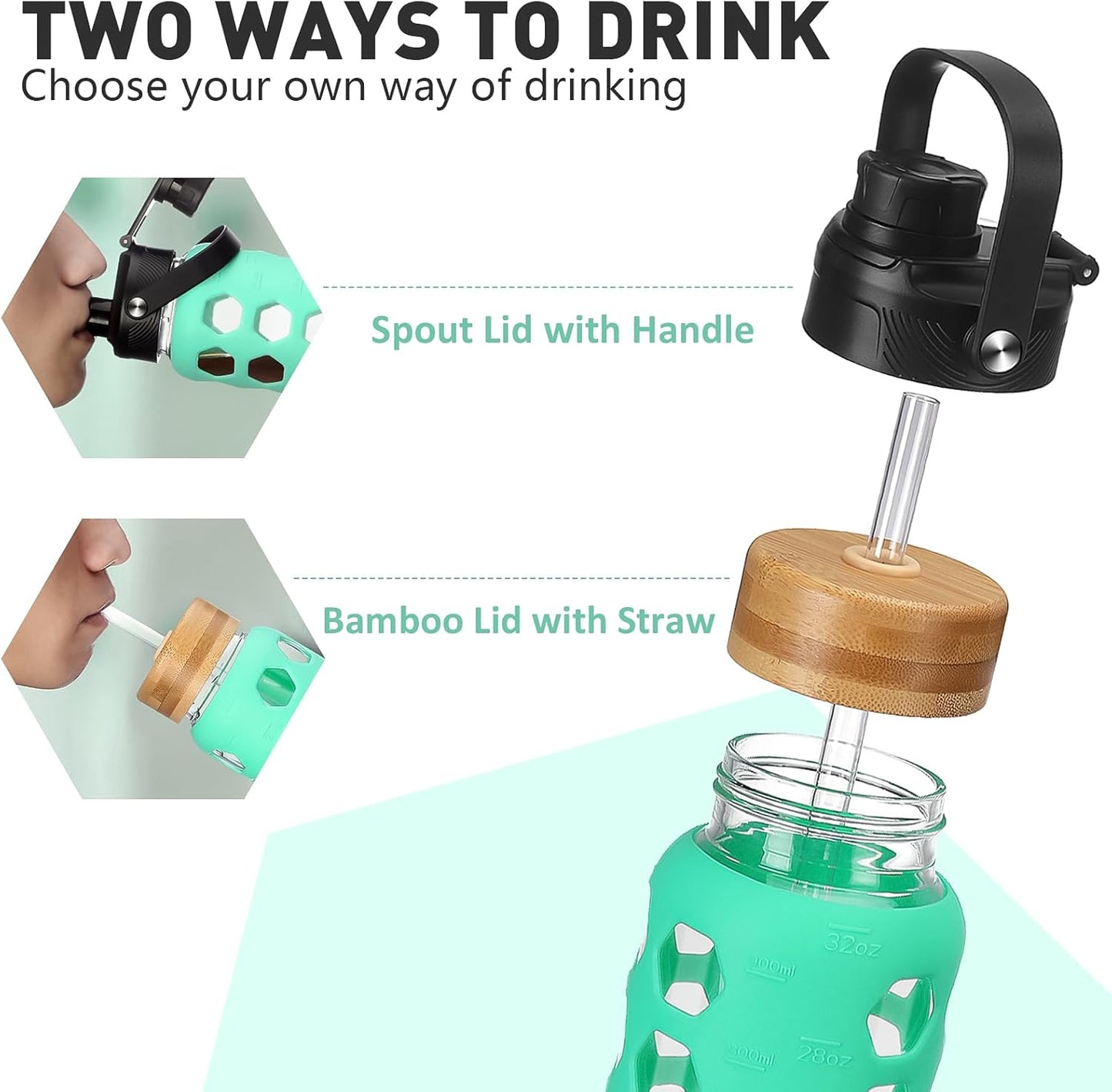 MUKOKO Glass Water Bottles, 24oz Glass Tumbler with Straw, Drinking Bottles with 2 Lids-Handle Spout Lid&Bamboo Straw Lid, Motivational Water Bottle with Time Marker and Silicone Sleeve, 1 Pack-Green